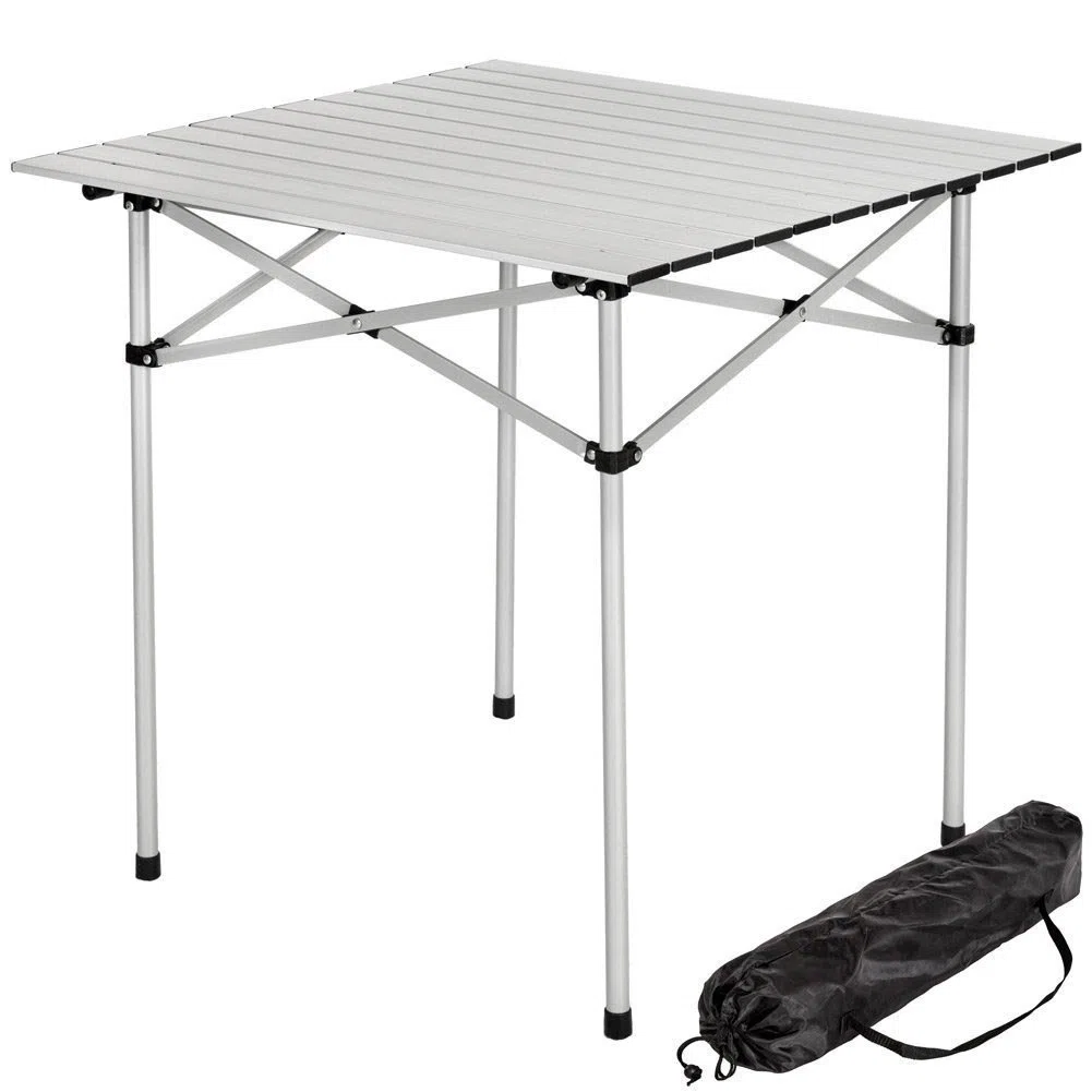 BAKAJI Tavolo Tavolino Camper Campeggio Picnic in Alluminio Pieghevole Top Arrotolabile Salvaspazio e leggero, ideale per Sagre Fiere Giardino Casa (70 x 70 cm)