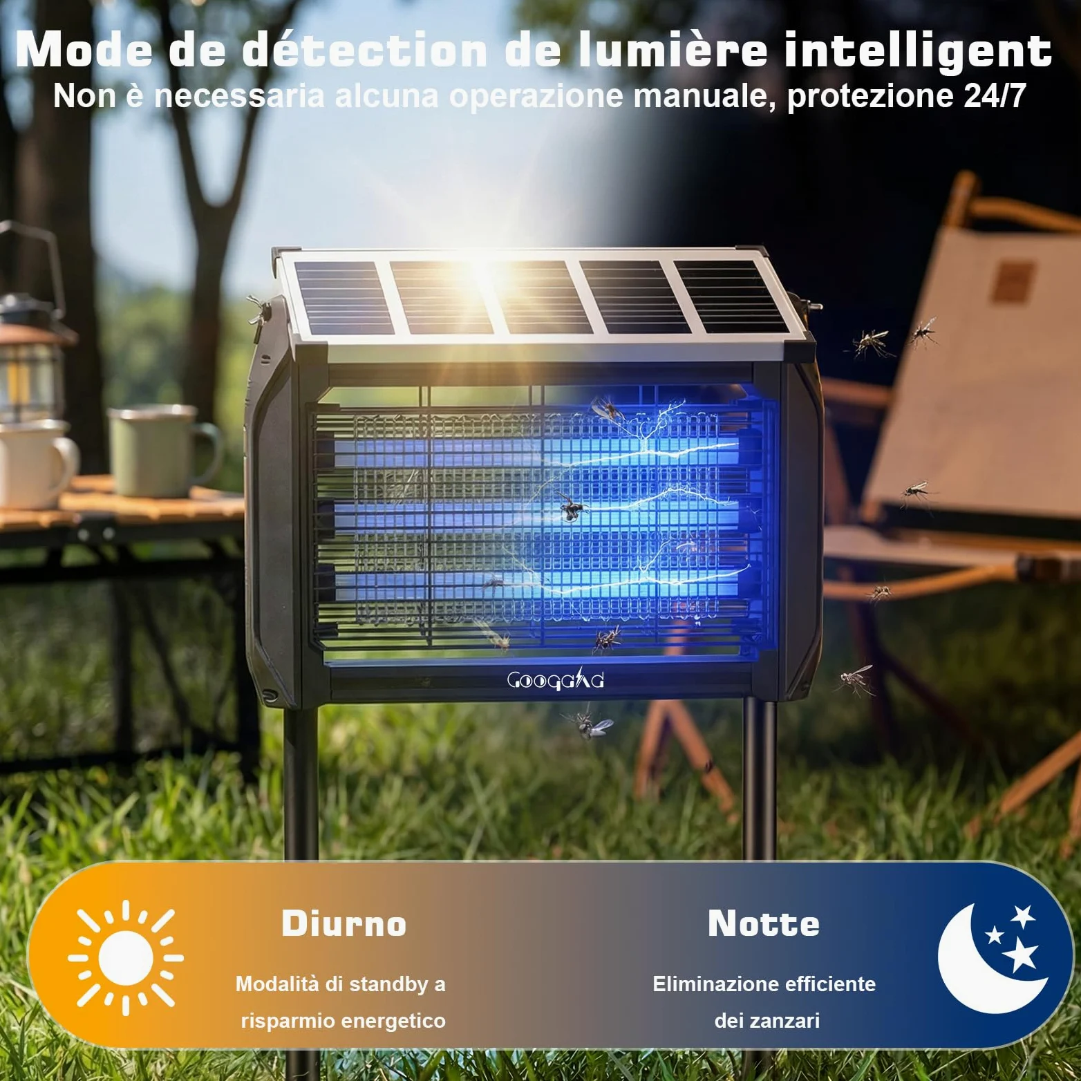 Lampada Antizanzare Elettrica Solare,Zanzariera Elettrica da Esterno 4000V, Ricarica Solare e USB,UV 10W, IPX5 Anti Mosche Elettrico Impermeabile, Ideale per Patio, Giardino e Campeggio