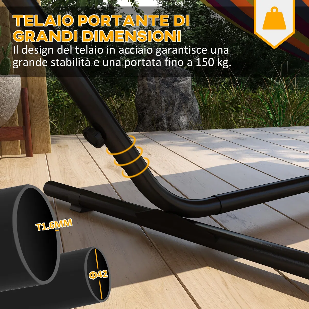 Outsunny Supporto per Amaca in Acciaio con Tavolino Integrato, Base per Amaca con Carico Massimo 150kg, Nero