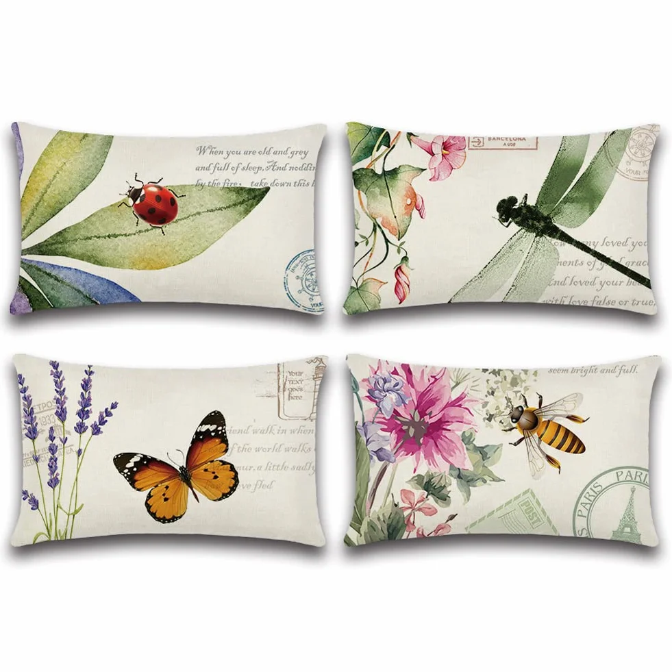 Artscope, confezione da 4 federe per cuscini impermeabili da 30x51 cm, decorative, per primavera, per esterni, patio, giardino, soggiorno, divano, decorazione rustica (insetti e piante)