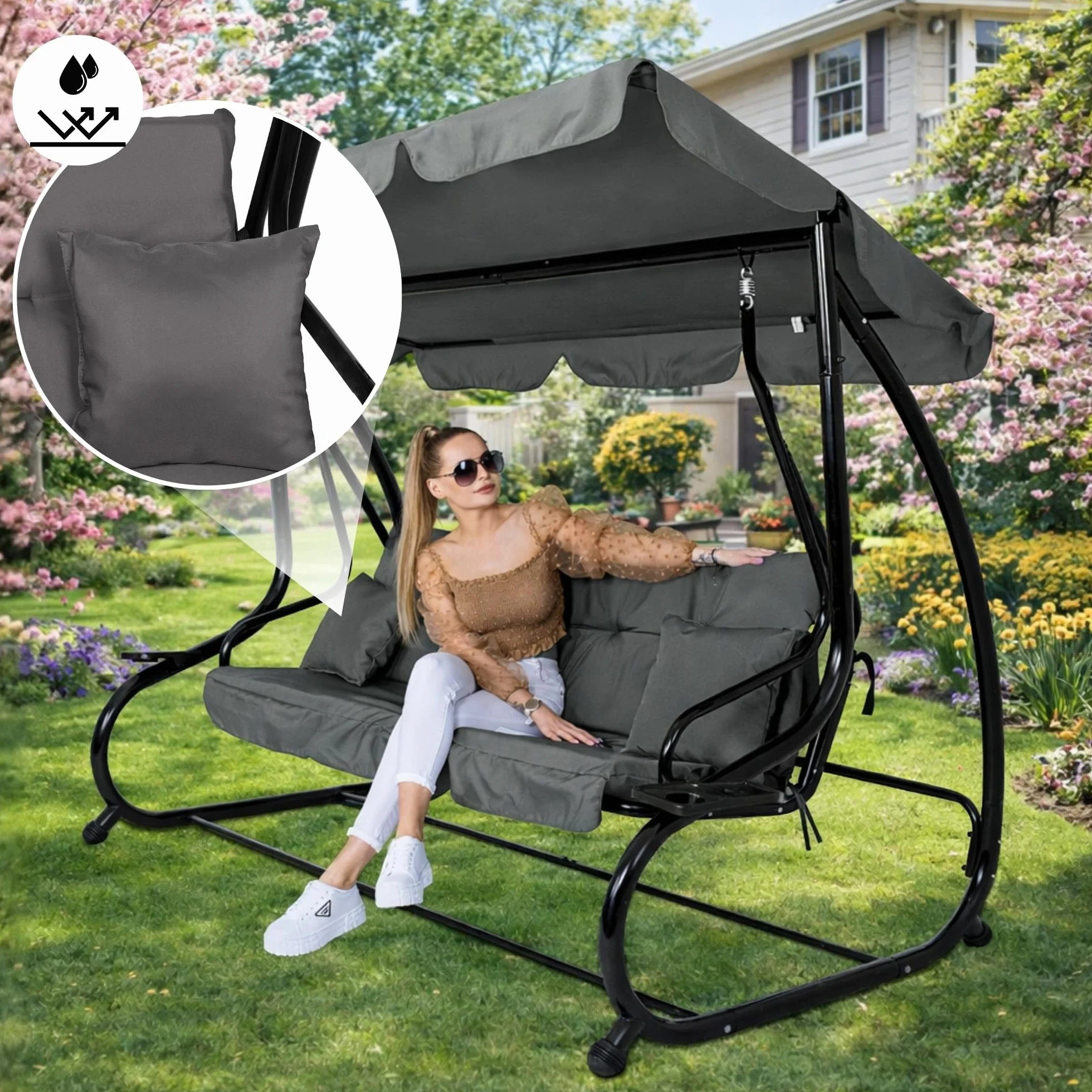 SPRINGOS - Dondolo da giardino a 4 posti, 220 x 162 cm, con 2 cuscini, cuscino per dondolo, con portabicchieri e funzione reclinabile