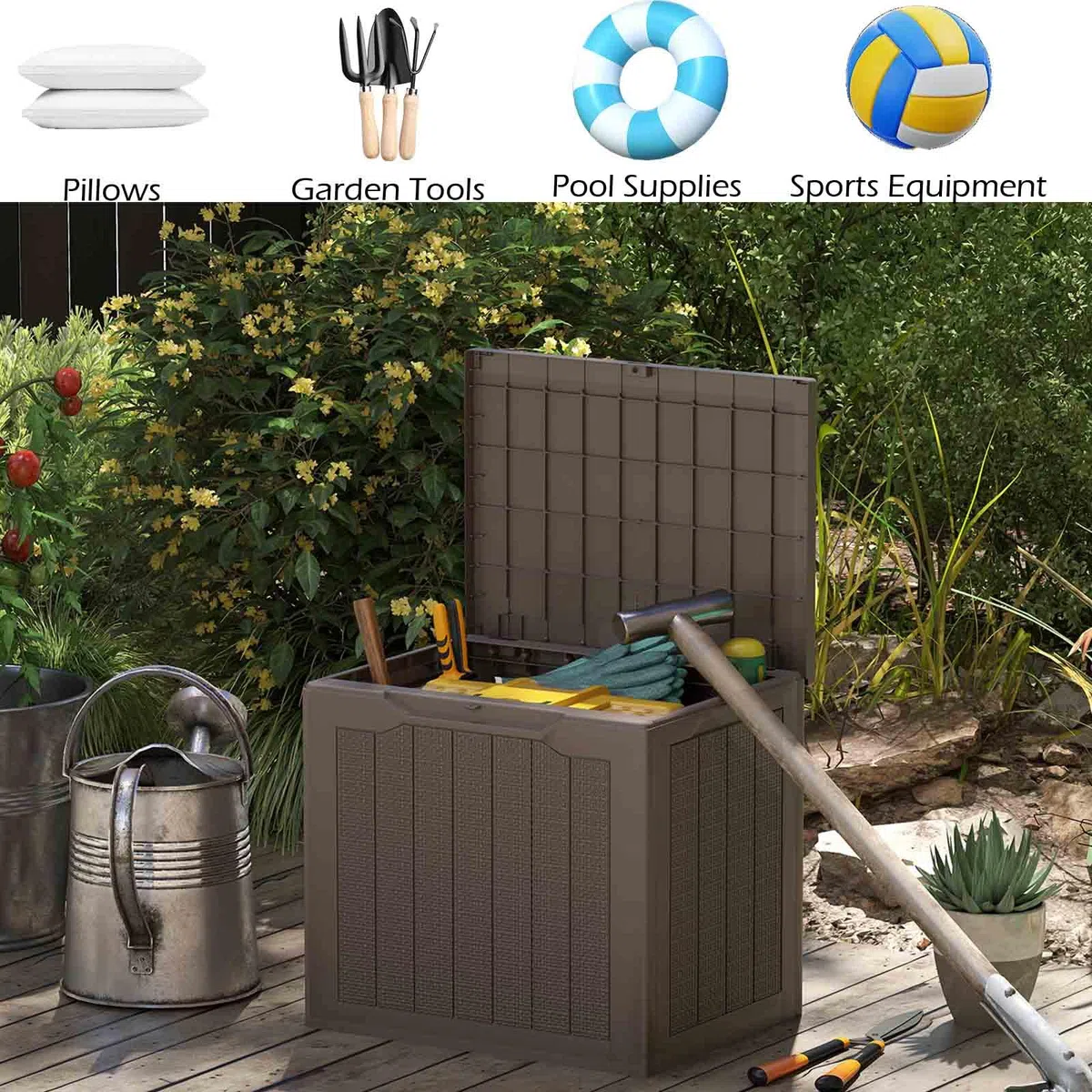 HOMASIS Baule da Esterno Impermeabile 96L Cassapanca Contenitore con Coperchio Rattan Marrone