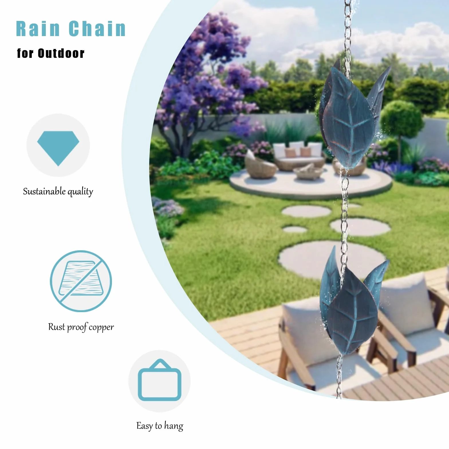 Catena della Pioggia del Metallo 2.6m, Catena Di Drenaggio Della Catena a Forma di Foglia Blu, deviatore per acqua piovana per esterni, Decorazione Giardino e all'aperto per grondaie, Eaves Drainage