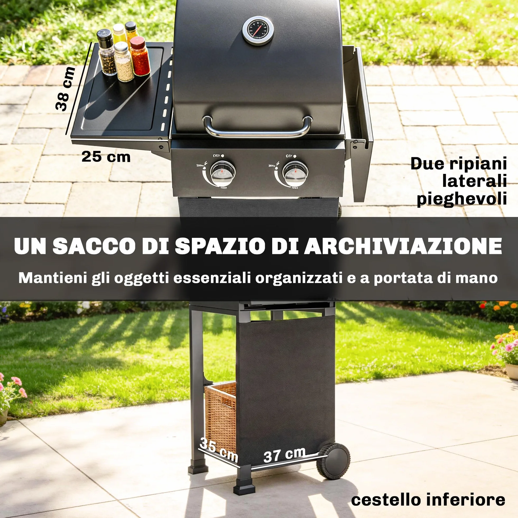 Outsunny Barbecue a Gas 2 Bruciatori 5.4 KW BBQ Portatile con Griglia Ripiani Pieghevoli Coperchio Termometro Ruote Nero