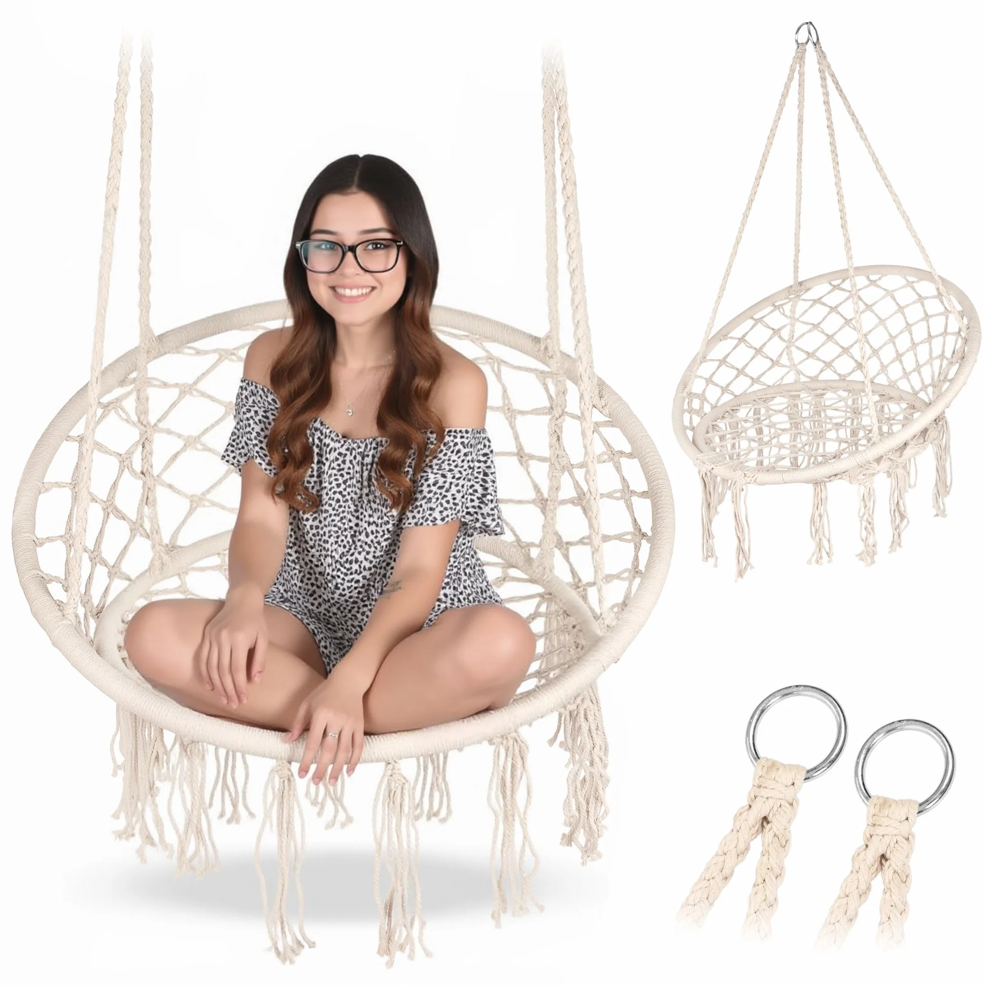 Poltrona sospesa boho ecru – Sedia amaca robusta 150 kg – Corde cotone/poliestere e telaio in acciaio zincato