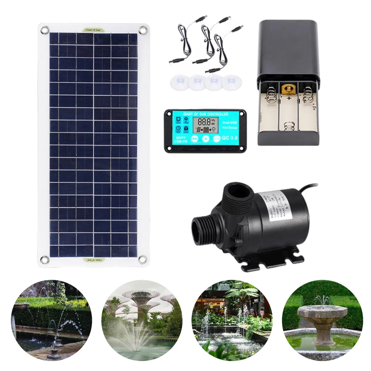 Pompa per fontane solari con pannello 100W, batteria integrata per giardini