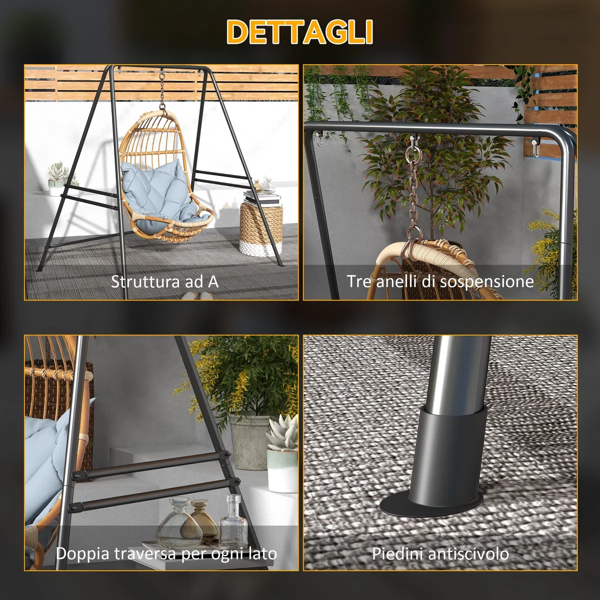 Outsunny Supporto per Amaca e Sedia a Dondolo/a Uovo, Sostegno Amaca in Acciaio con Gambe ad A e Agganci, Facile da Montare, per Esterno ed Interno, 178x143x180 cm, Nero