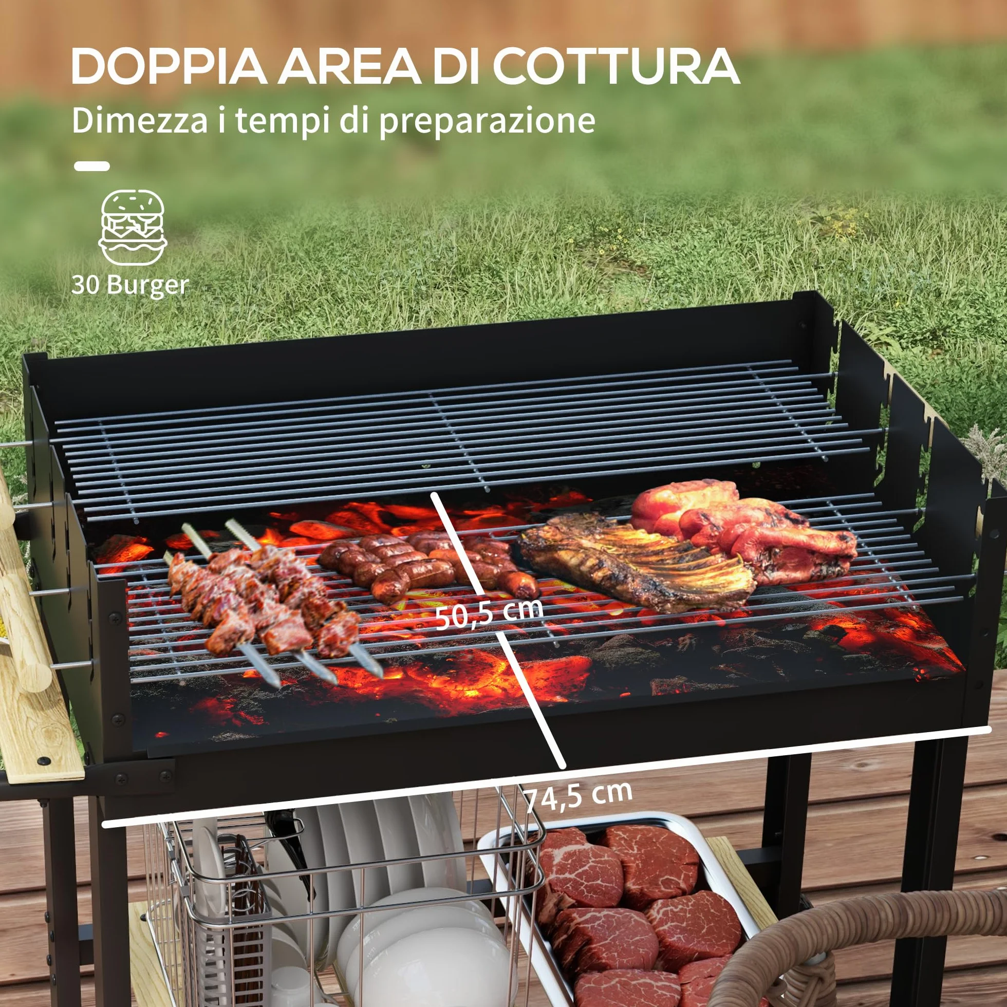 Outsunny Griglia per Barbecue a Carbonella Regolabile 2 Griglie 2 Ripiani Rotelle 113x53.5x82.5 cm Nera