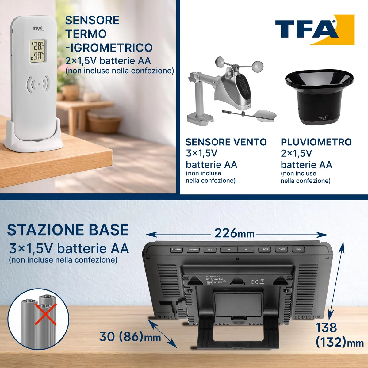 TFA Dostmann stazione meteo Weather Pro, 35.1161.01, con pluviometro, anemometro e sensore esterno, previsioni del tempo, radiocontrollata, temperatura e umidità, pressione atmosferica, nero