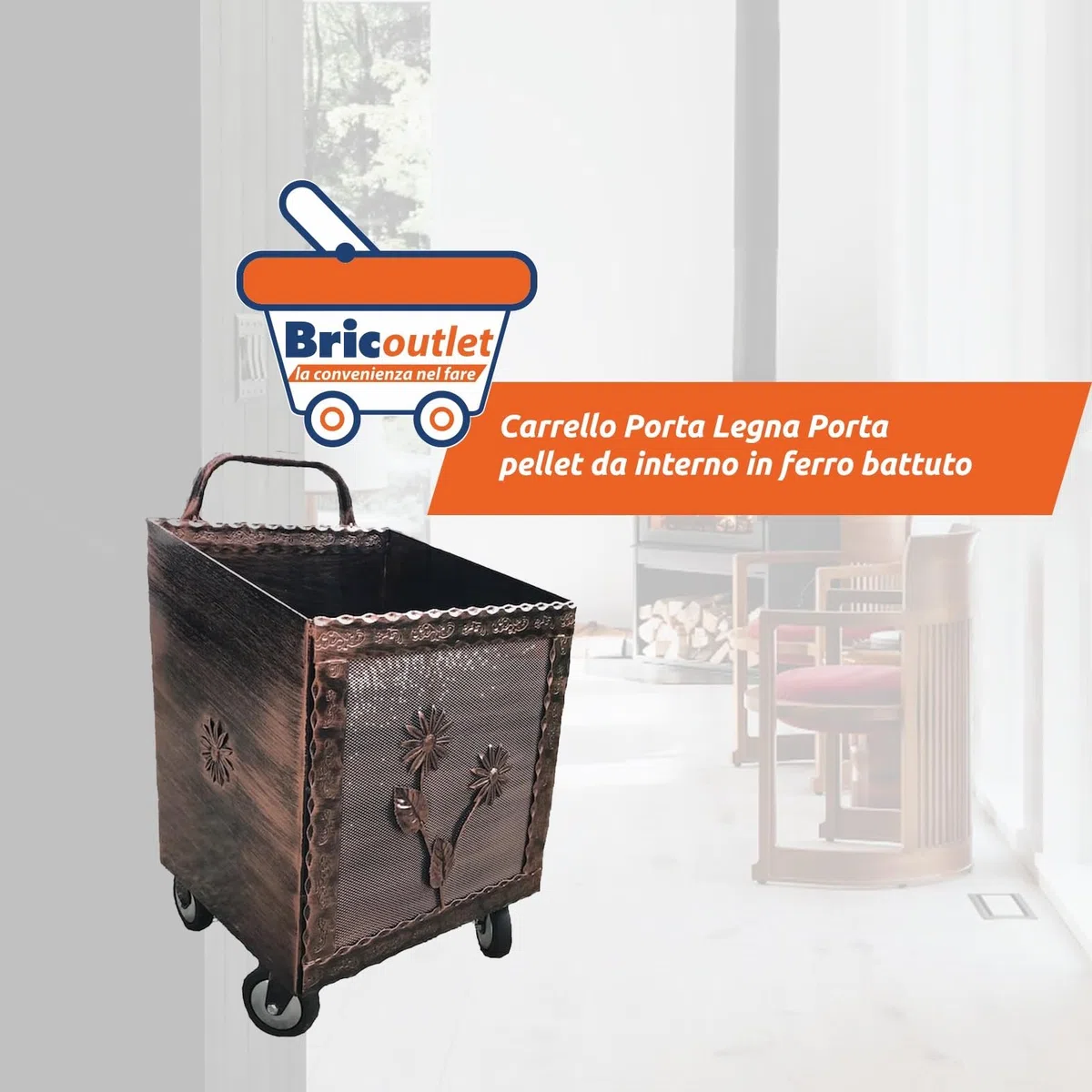 Carrello Porta Legna in Ferro BATTUTO 43x37x72hcm con Ruote RAME - Cesta per legna
