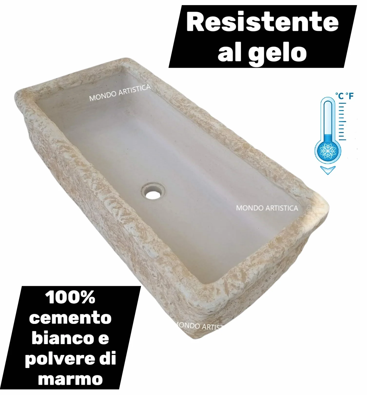 Lavandino, Lavabo, Pilozzo, Vasca Unica, Fontana Da Esterno, Per Giardino Altezza 22 cm, Larghezza 80x40 Cm, In Cemento Bianco E Polvere Di Marmo, Colore Sfumato Beige