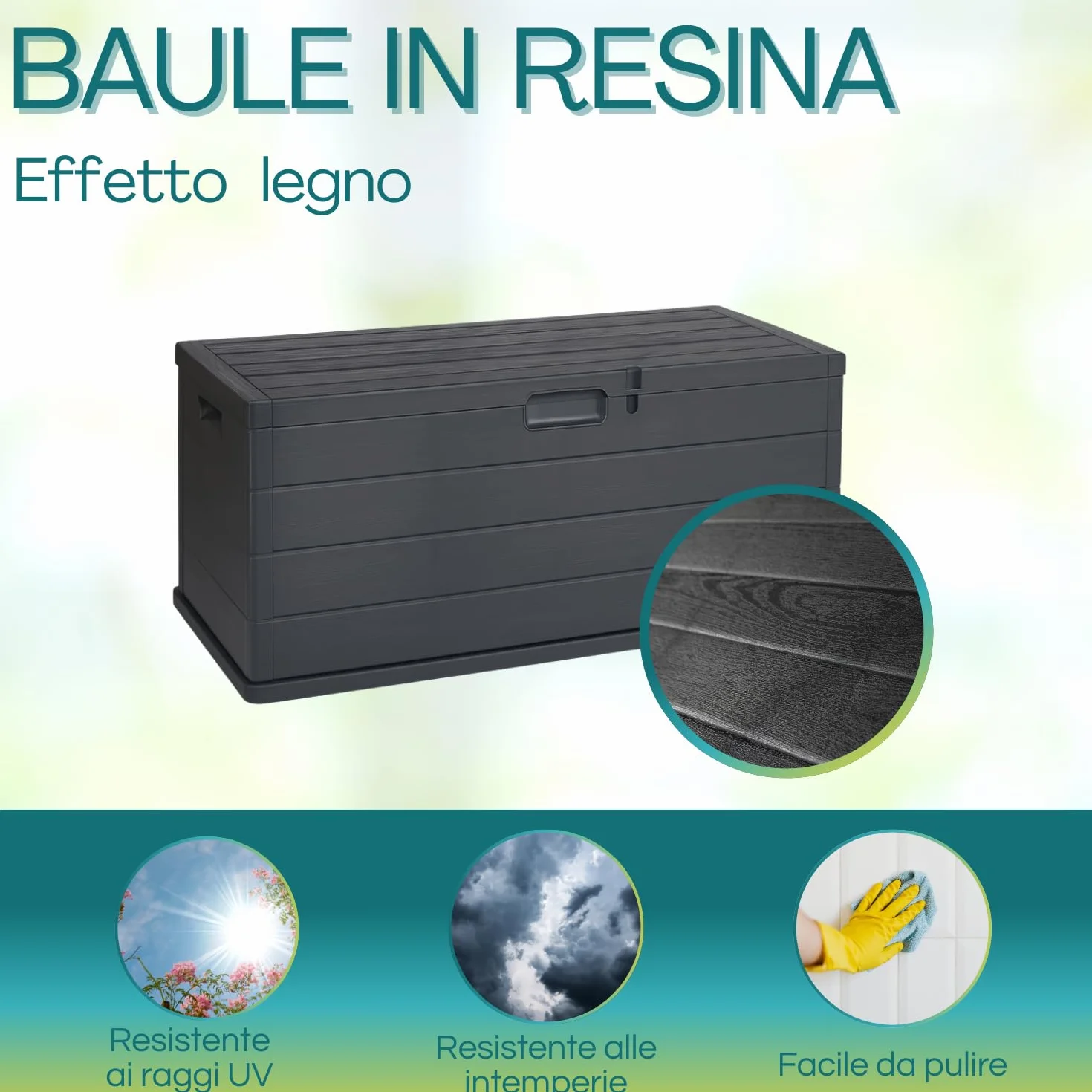 VIRSUS Baule da Giardino con Ruote, misura 118x59x57 cm, Cassapanca Effetto Legno Antracite, Impermeabile, Chiusura Lucchettabile, Contenitore da Esterno, Capacità 340 Litri -ALP001F