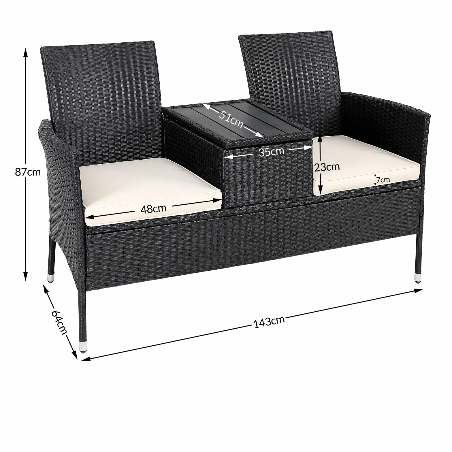 Casaria® Panchina da Giardino Poly Rattan 143x64x88cm Tavolino Portaoggetti Salottino Outdoor Balcone Terrazza 2 posti
