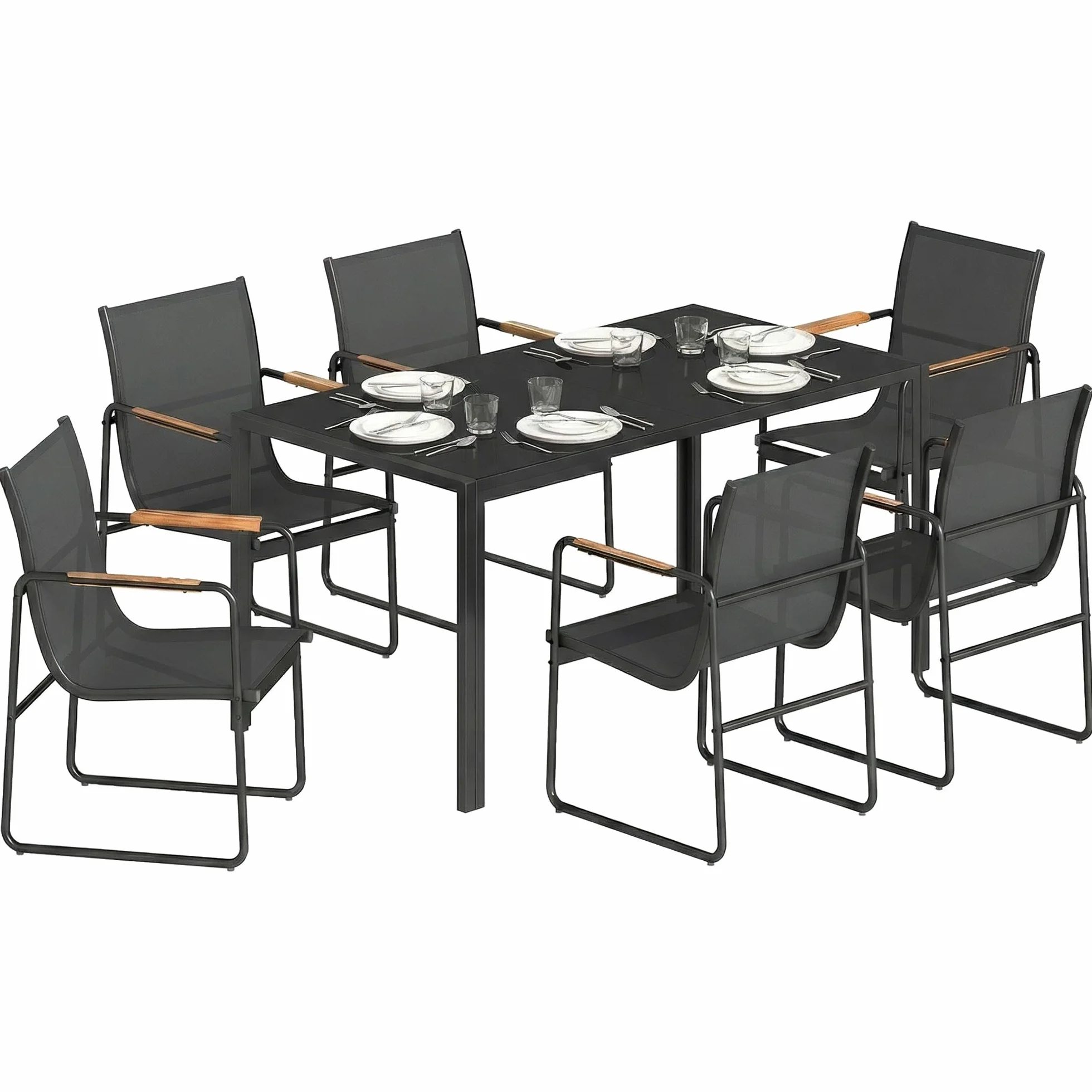 Outsunny Set Tavolo e Sedie da Giardino 7 Pezzi, Pranzo Esterno con Tavolo in Vetro Temperato, Sedie Texteline Traspirante, Acciaio, Nero