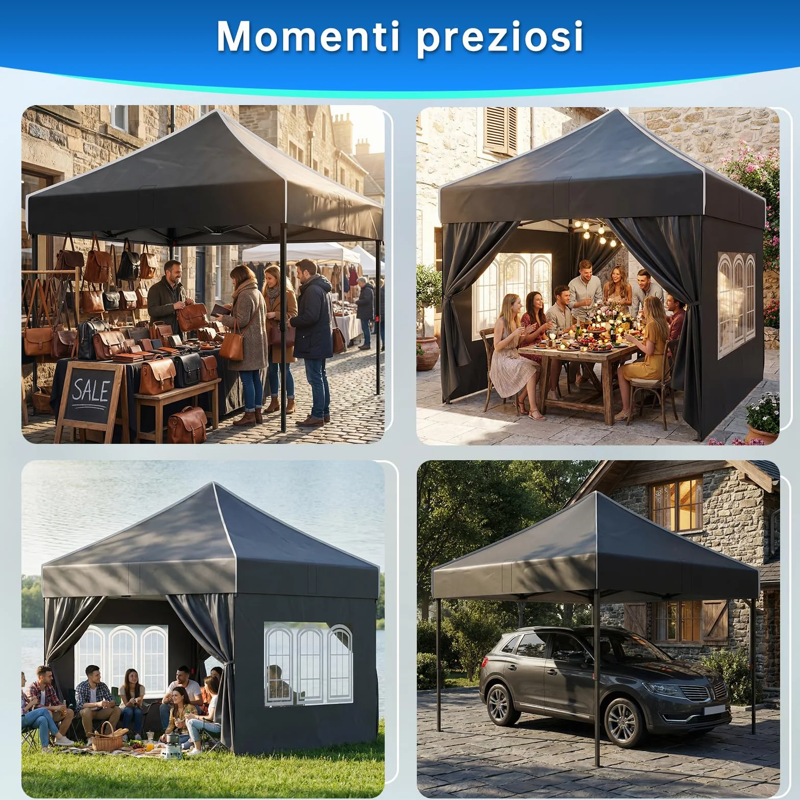 Devoko Gazebo 3x3 impermeabile pieghevole con pareti laterali protezione UV 50+ nero