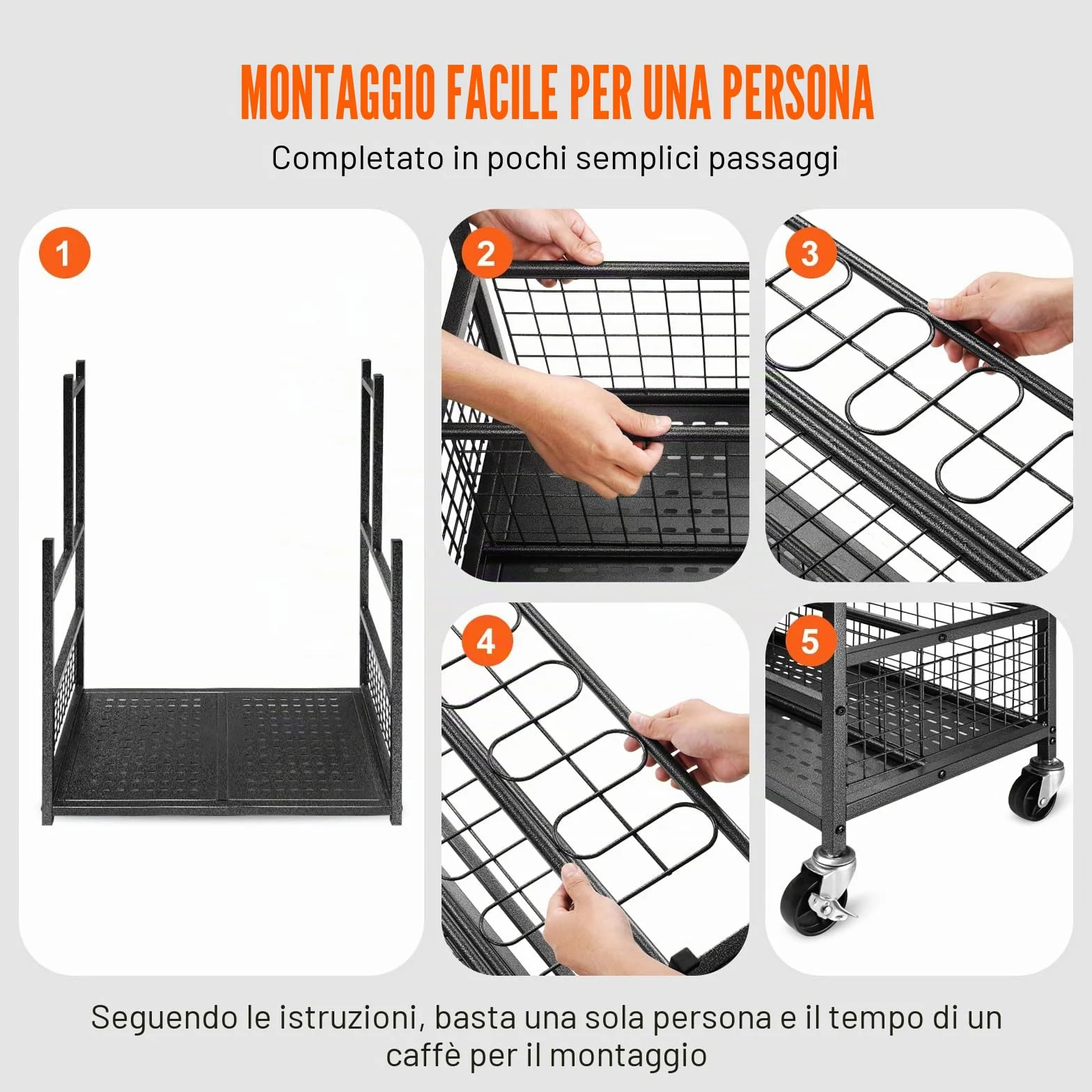 VEVOR Porta Attrezzi da Giardino 16 Slot Ganci, Organizzazione Stoccaggio in Metallo PP con Ruote per Garage Officina