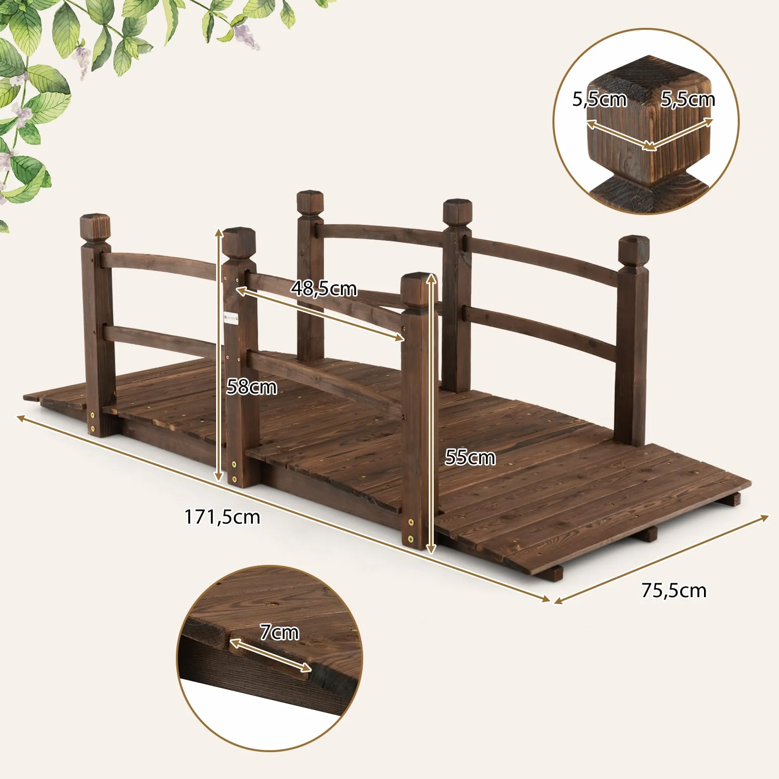 COSTWAY Ponte da Giardino in Legno di Abete 170 cm, Ponticello Decorativo con Ringhiere di Sicurezza, per Giardino Cortile e Fattoria, 171x76,5x58,5cm, Portata 180 kg