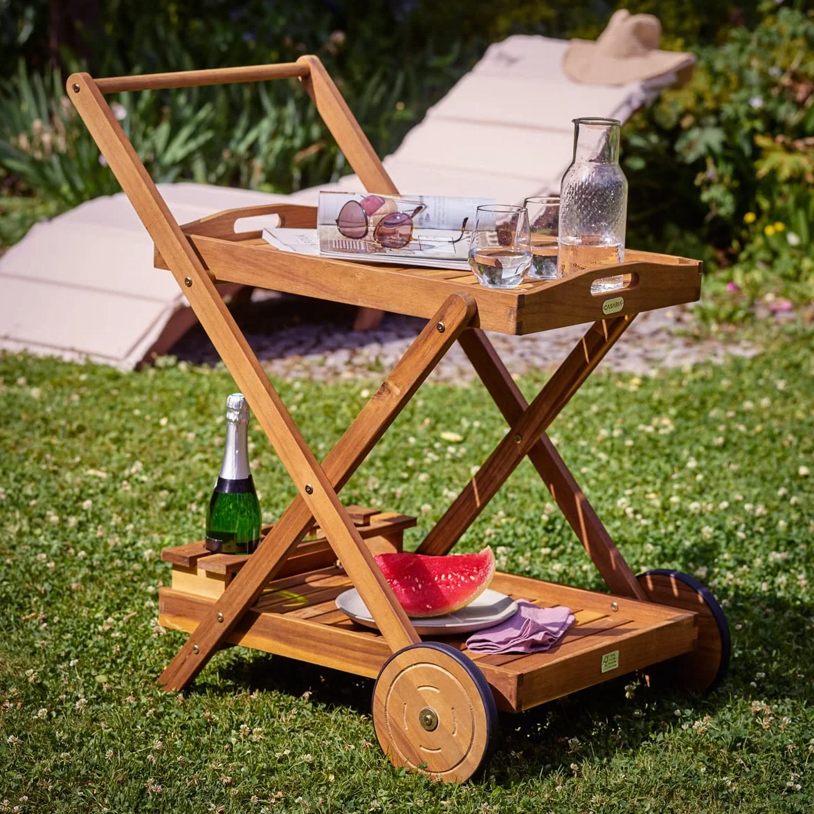 Casaria Carrello da Cucina Portavivande Legno di Acacia FSC 2 Ripiani Vassoio 3 Portabottiglie