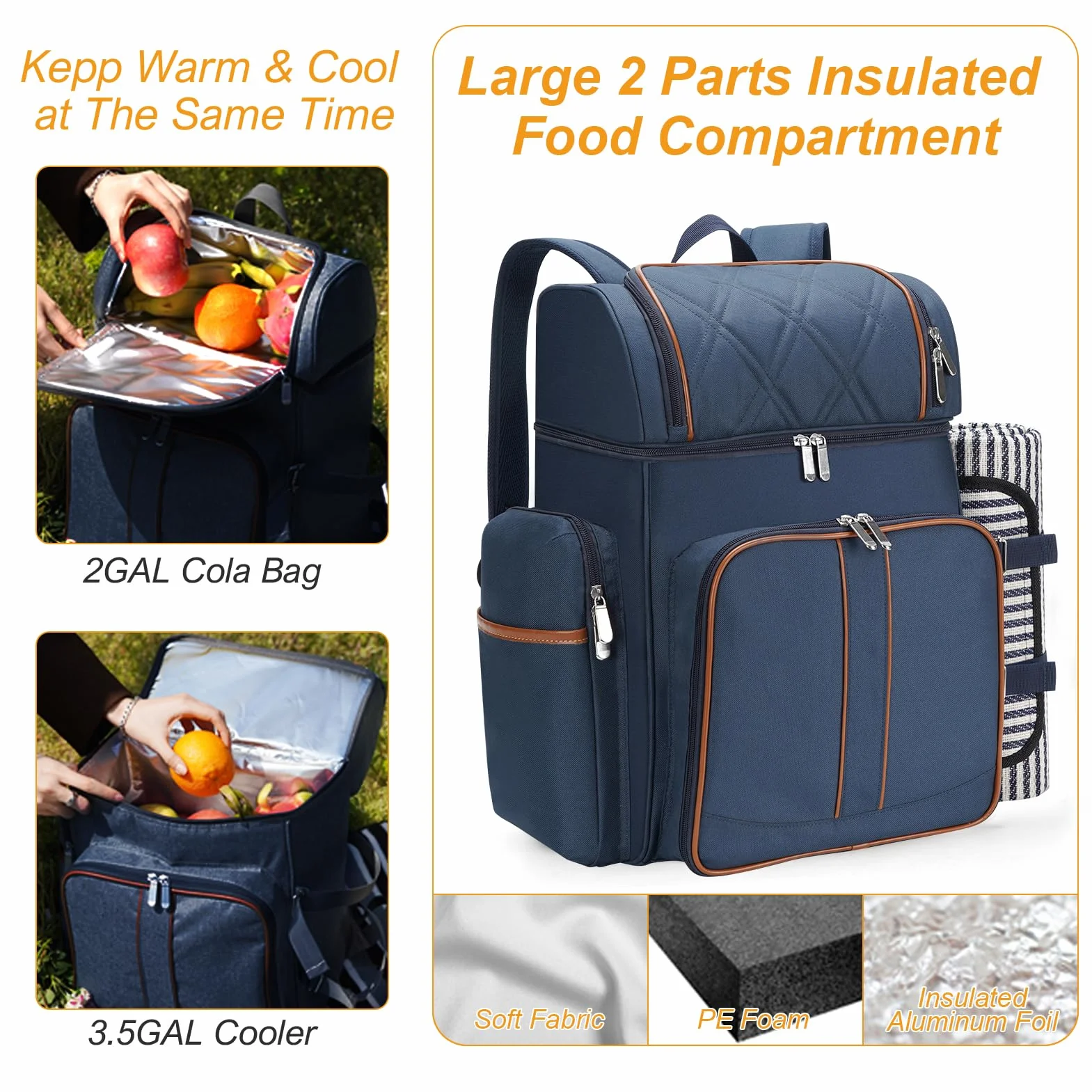 Zaino da picnic per 4, set cestini, borsa termica a prova di perdite, coperta, doppio ponte