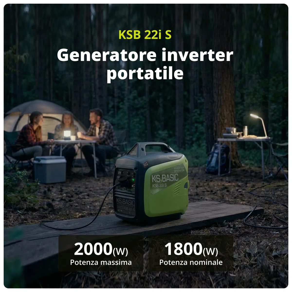 K&S BASIC KSB 22i S Generatore inverter 2000 W 4 Tempi Portatile Benzina Silenzioso per Campeggio Camper Pesca Caravan con Modalità Eco, 2x230 V Prese, Rame, Compatto Silenzioso Leggero