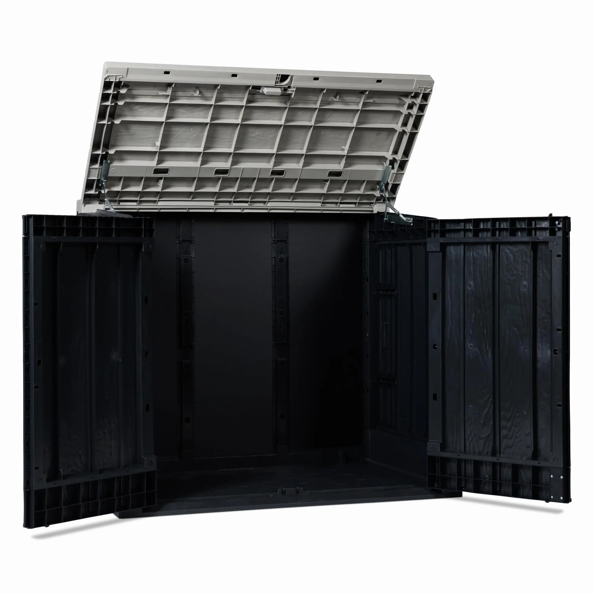 Toomax Stora Way Plus XL Baule 1270L portattrezzi 145x85x124,5h cm, in plastica resistente antracite/grigio, porta bidoni spazzatura, apertura assistita e chiusura a chiavistello, ideale per esterno