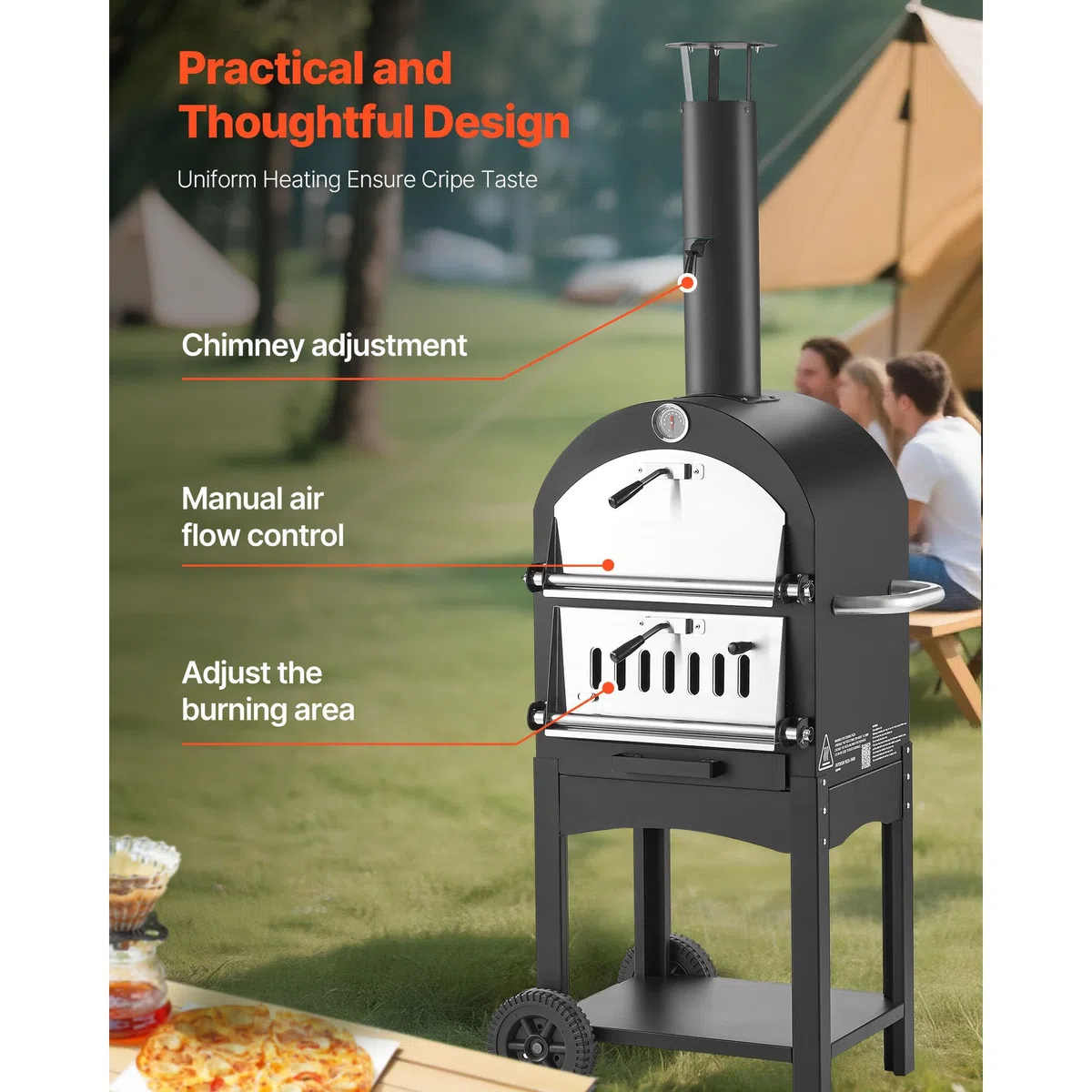 VEVOR Forno per Pizza da Esterno Portatile 12 pollici a Pellet max. 540°C con 2 Ruote Rimovibili