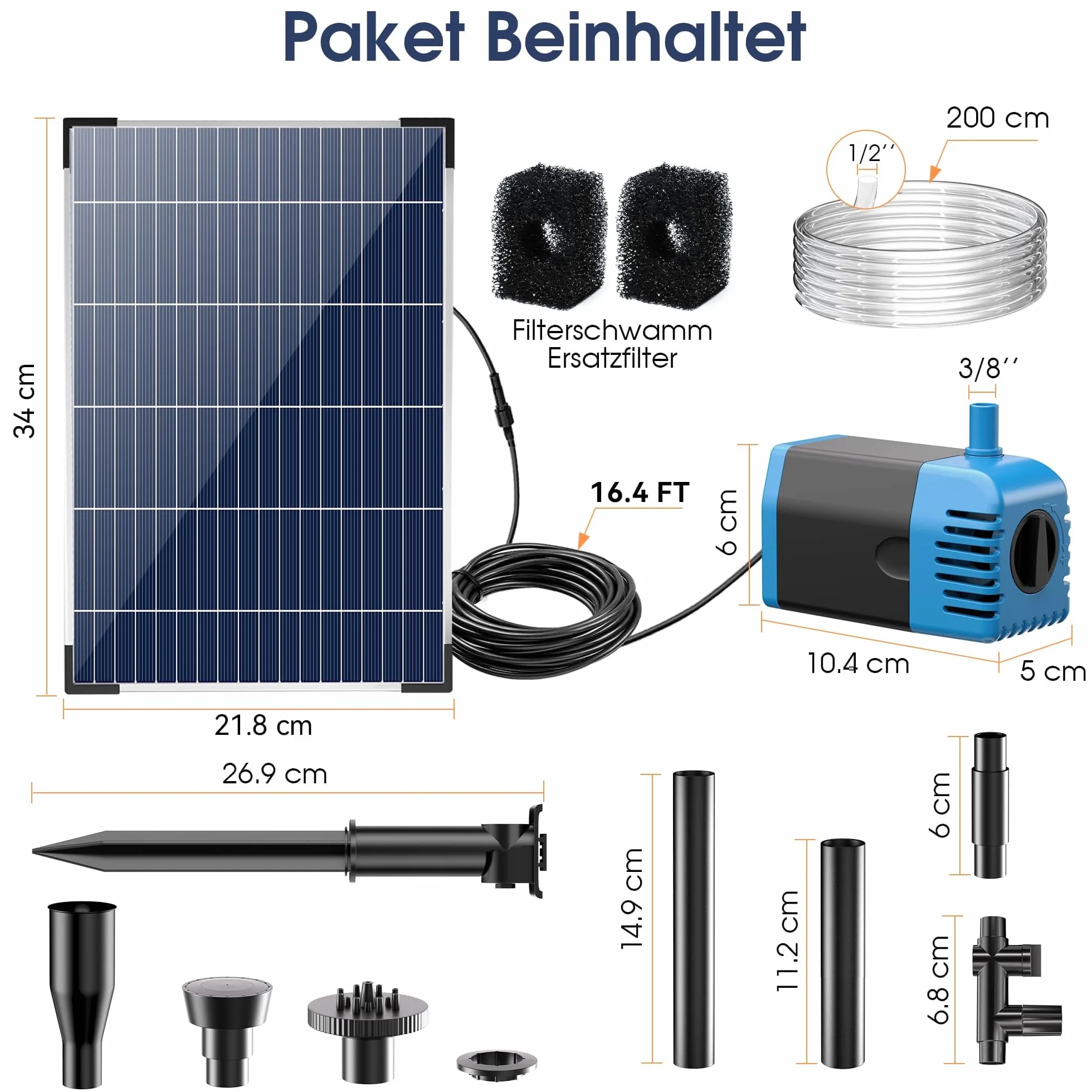 Fontana solare per esterni 12 W 605 l/h con 4 ugelli e tubo 5 ㎡