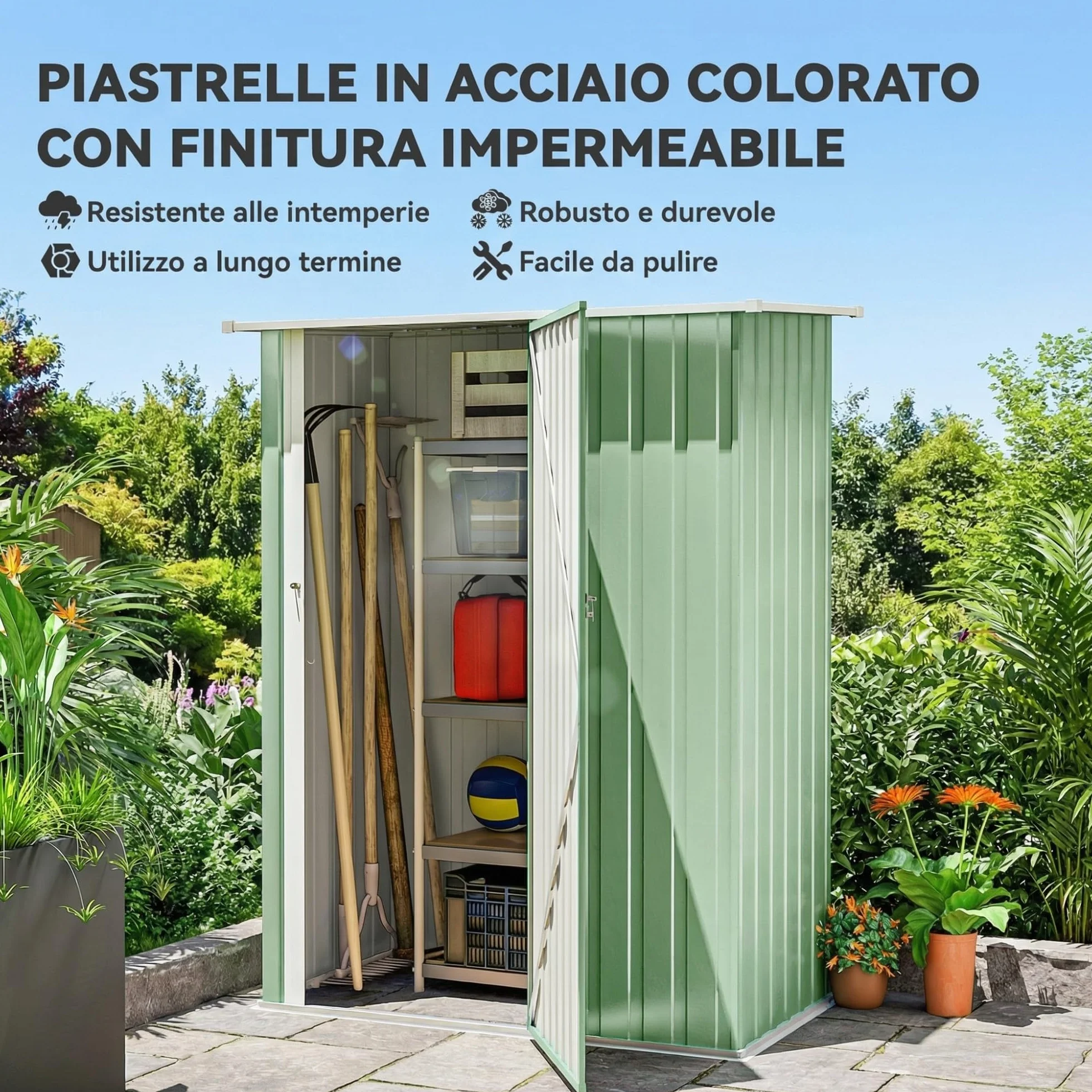 Outsunny Casetta da Giardino 1.07m² Acciaio Zincato Porta Attrezzi 142x86x189 cm Verde Chiaro