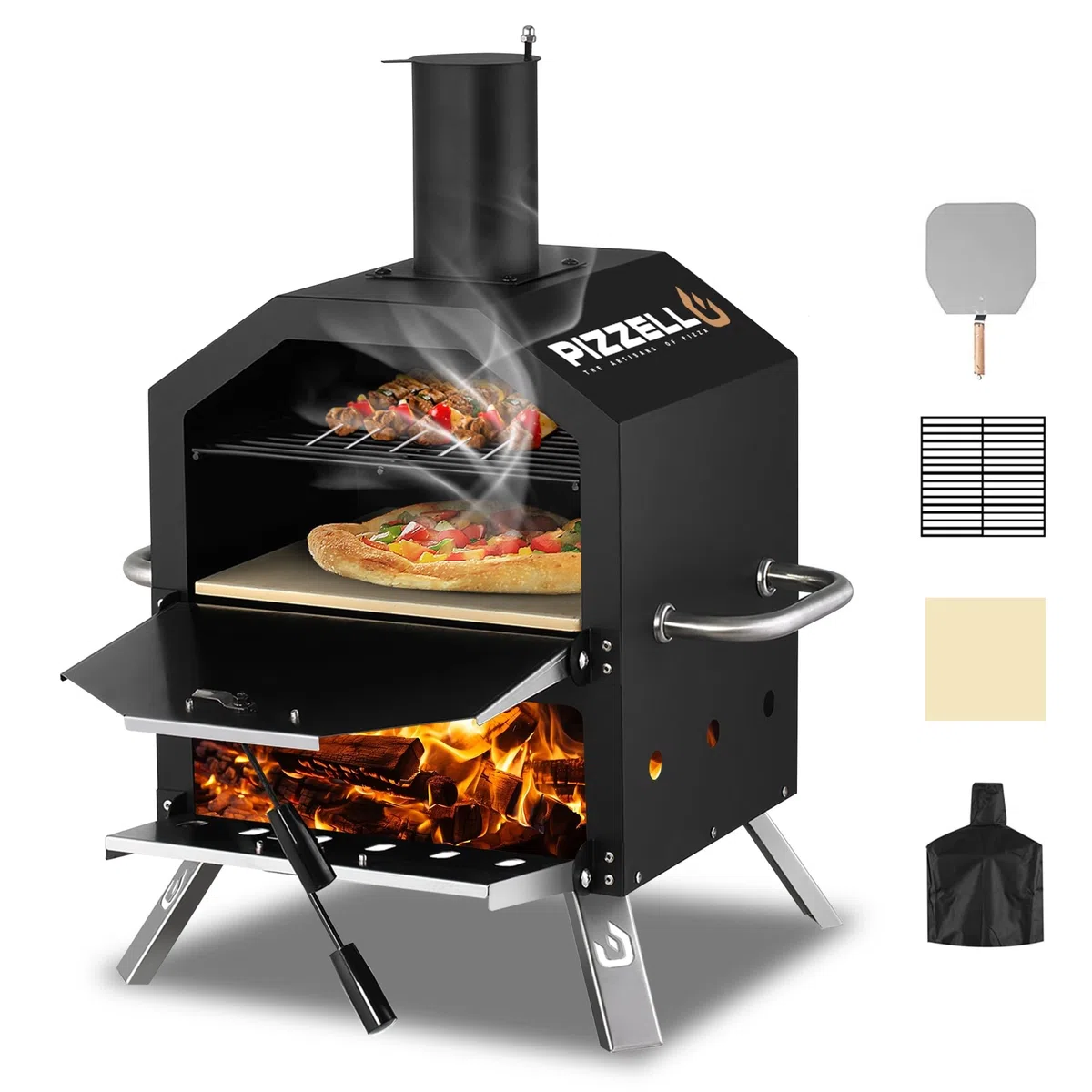 Pizzello Forno per pizza da esterno a 2 strati con pietra e griglia (nero)