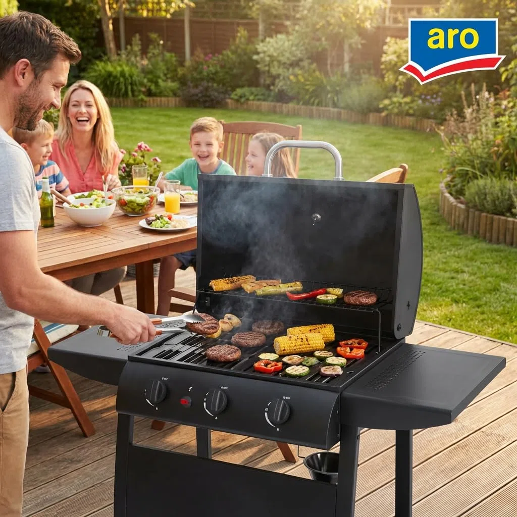 aro Barbecue a Gas 3 Bruciatori Acciaio Nero con Termometro Tavolini Laterali