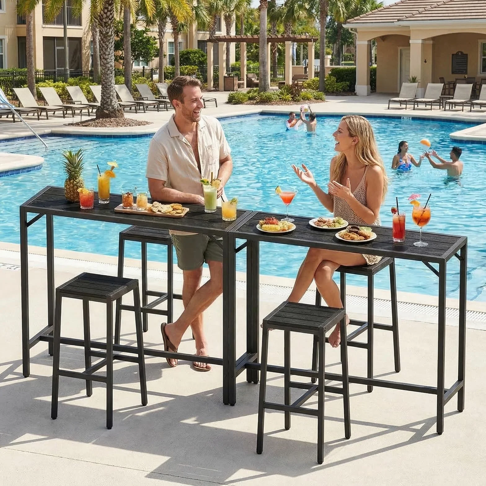 LIFERUN Outdoor Bar Table, 120 x 38 x 98 cm, Tavolo da Giardino Cortile con Piano Impermeabile, Tavolo da Bar Alto con Piedini Regolabili, adatto per Terrazza, Bordo Piscina, Soggiorno, Nero
