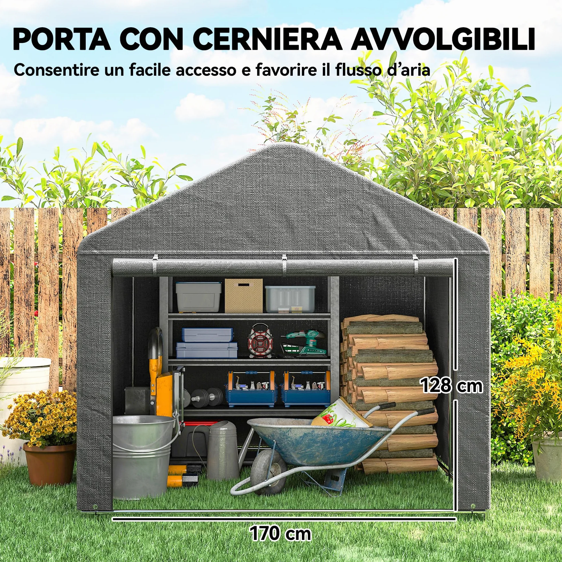 Outsunny 2x2.4 m Garage Moto per Esterno, Tenda Garage con Copertura Impermeabile, Porta Avvolgibile a Cerniera, per Biciclette e Attrezzi in Acciaio Zincato, da Giardino, Grigio Chiaro