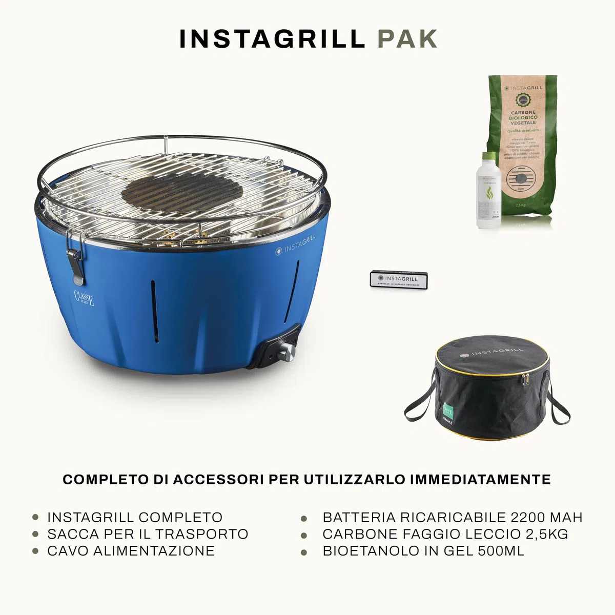 InstaGrill Barbecue a Carbonella senza fumo da Tavolo Portatile con Batteria Ricaricabile e Carbone PAK Blu Oceano