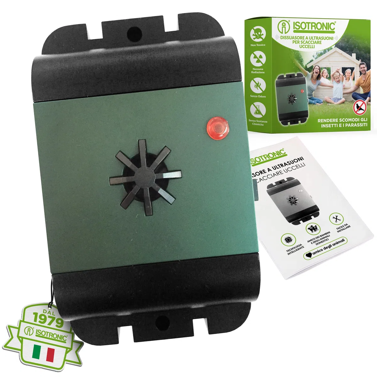 ISOTRONIC Deterrente per uccelli a ultrasuoni Dissuasore a batteria per balcone finestre alberi