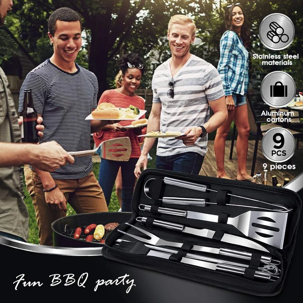 Set 9 pezzi Utensili barbecue+Guanti da Barbecue,Acciaio Inox Set Di Attrezzi,Guanti da forno Doppio Resistente al Calore - 1472 ° F / 800 ° C,per Barbecue, Grigliate, Cottura al forno, Camino
