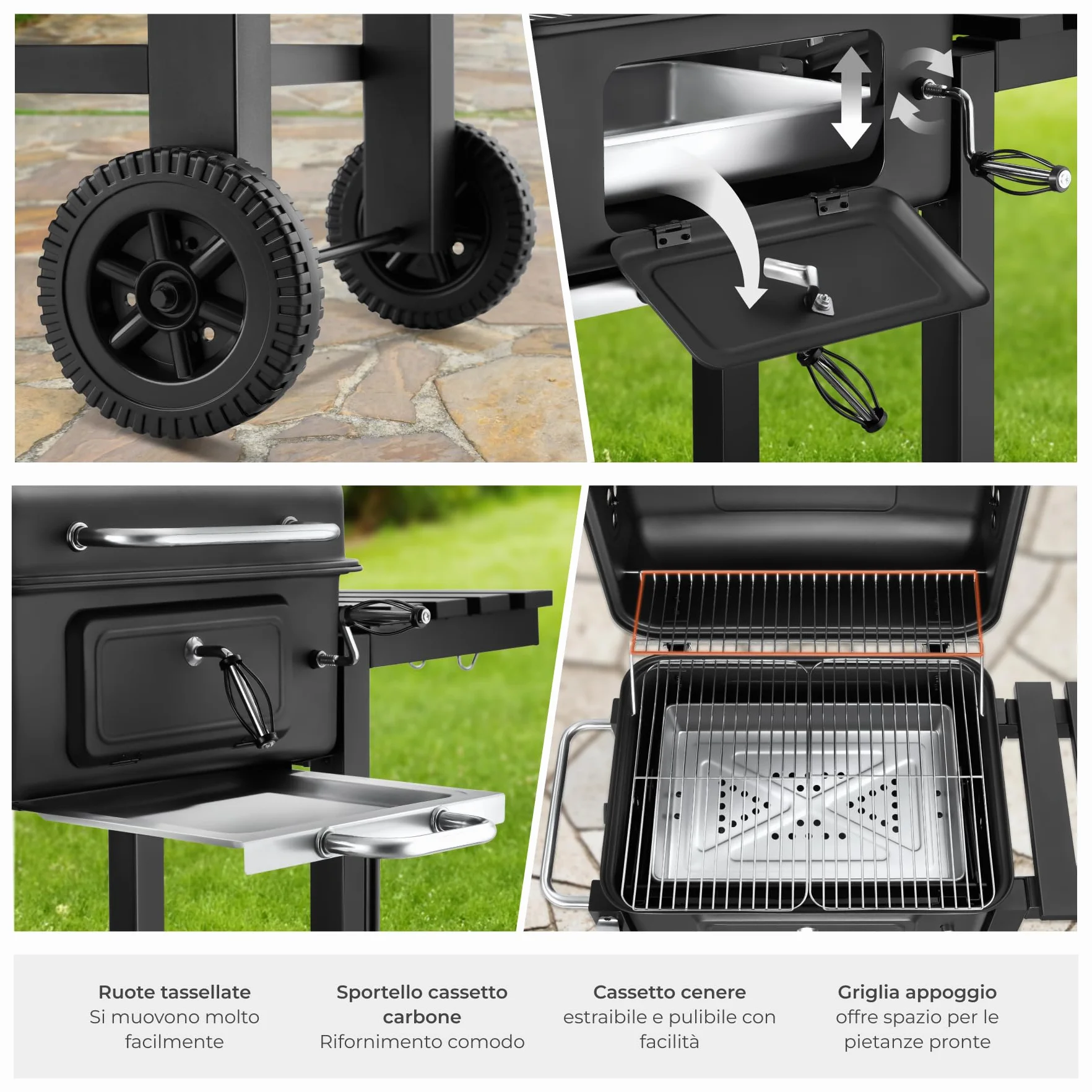 Tectake Barbecue Carbonella Portatile 110x64x104 cm Griglia Acciaio 3 Ganci 2 Ruote Cassetto Carbone Termometro Coperchio Nero