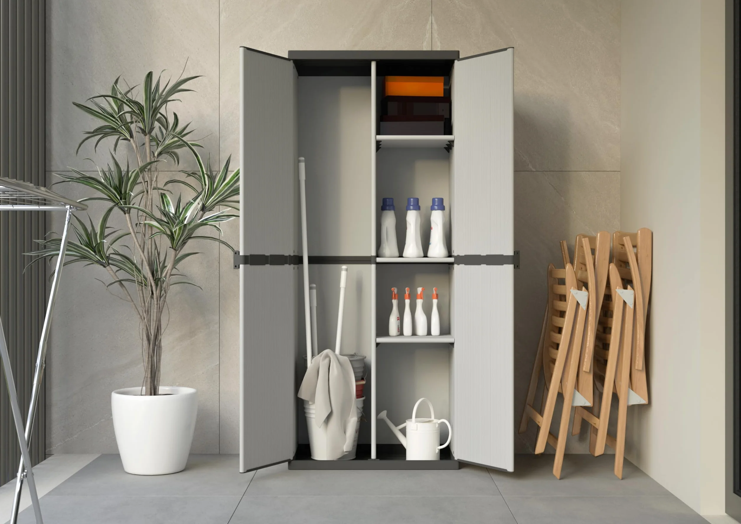 Mongardi: Armadio Porta-Scope in resina di PVC e PP, 2 Ante, Facile da Montare, Modular System, Resistente, Adatto ad ambienti Interni ed Esterni, 68L x 40P x 165H cm, Grigio e Nero