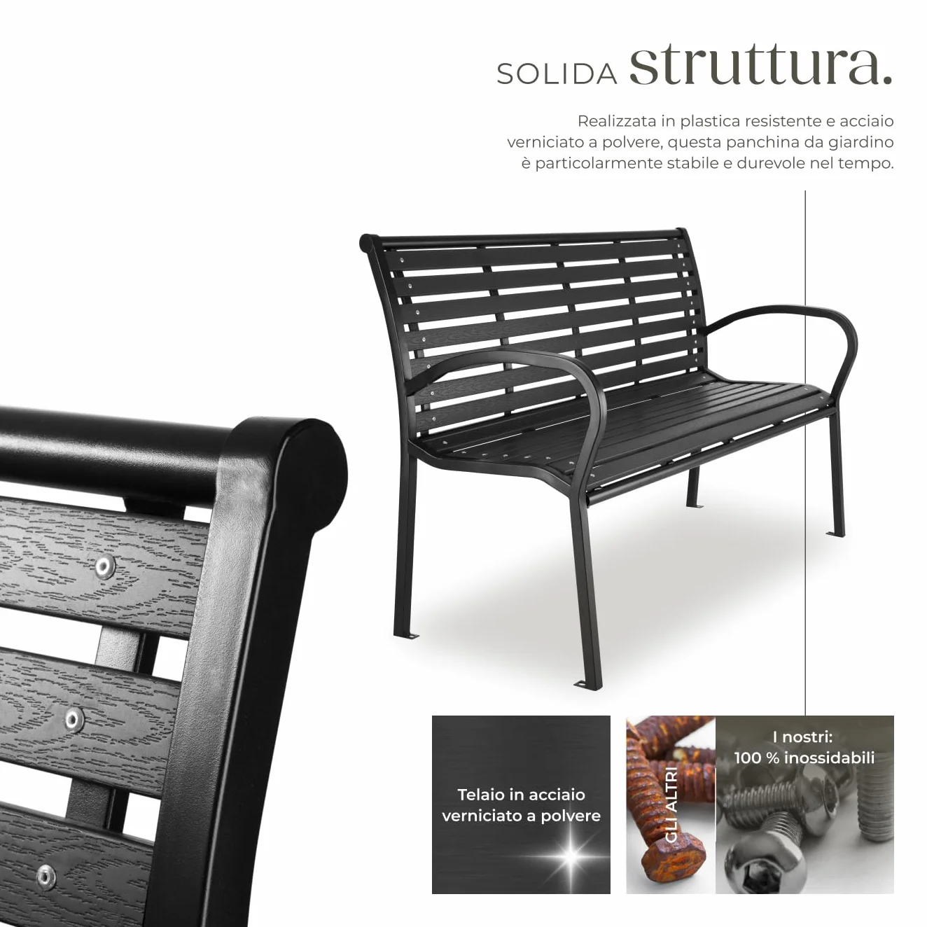 tectake® Panca da Giardino, Panchina da Esterno 3 Posti, Intelaiatura in Acciaio Verniciato, Panca con Schienale, Resistente agli Agenti Atmosferici, 126 x 62 x 81,5cm - Nero