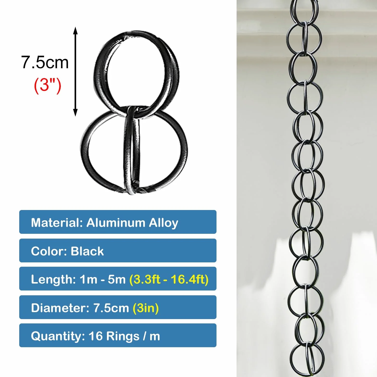 Catena da Pioggia Anello di Catene da Pioggia in Lega di Alluminio, Catena Antipioggia per Grondaia con Gancio, Sostituzione del Pluviale Campane della Pioggia(3m (10ft))