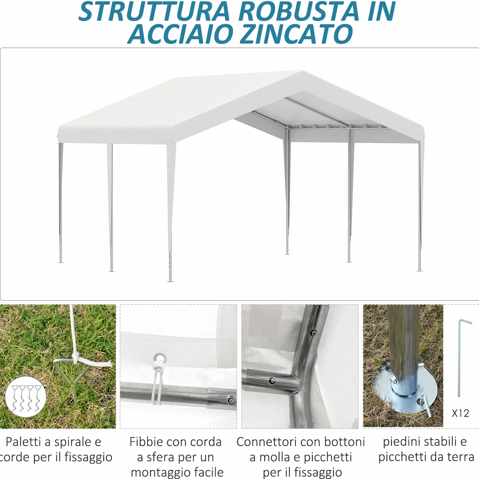 Outsunny Garage Portatile 4x4m in Acciaio Zincato Bianco per Auto e Barche
