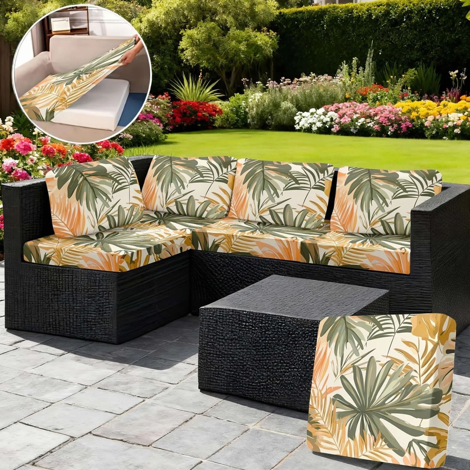 Morbuy Copricuscini Impermeabili per Esterno Giardino Patio, Set 6/8, Divano Angolare in Rattan (Alberi in fiore)