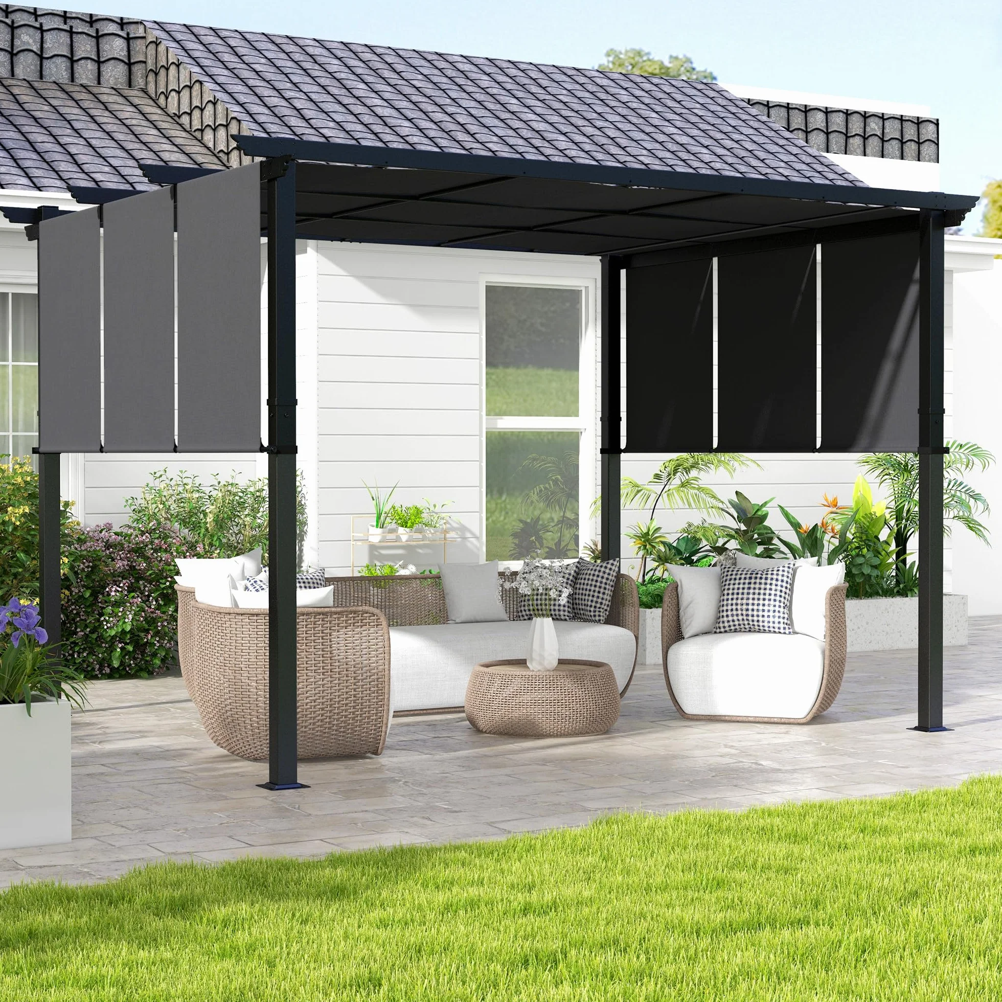 Outsunny Pergola da Giardino 3x3.5 m Acciaio Poliestere Anti UV Grigio Scuro