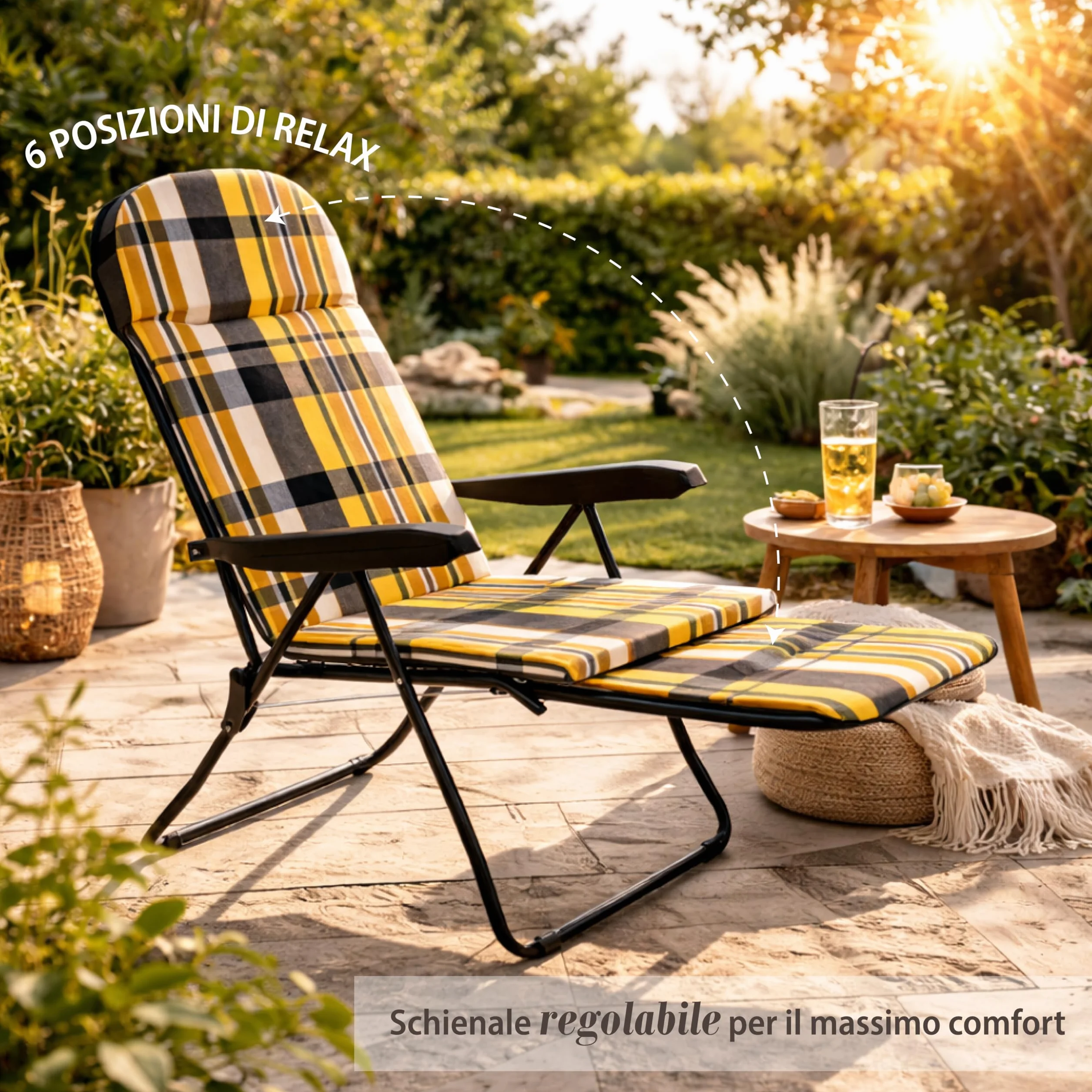 MA MAISON Sdraio Reclinabile Imbottita 166X60X63 cm - 6 Posizioni, con Prolunga Estraibile, Braccioli Ergonomici, Struttura in Acciaio, per Interno, Esterno - Made in Italy RIGHE GIALLO