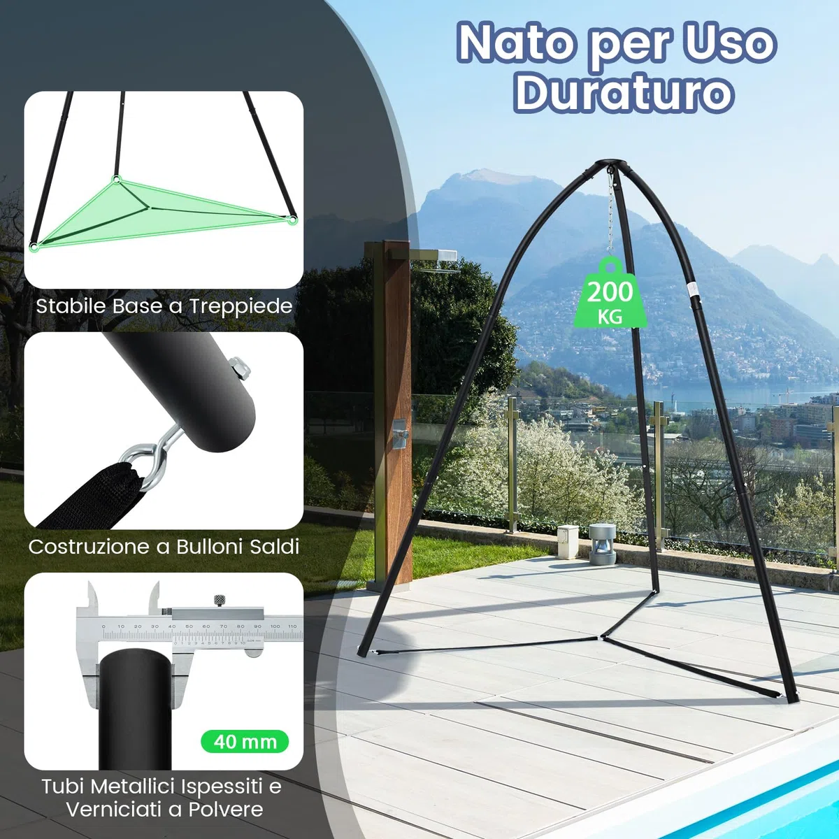 COSTWAY Supporto per Sedia Sospesa, Supporto per Sedia Altalena in Metallo con Catena Sospesa, Supporto per Altalena a Triangolo, Portata 200 kg, per Patio, Giardino