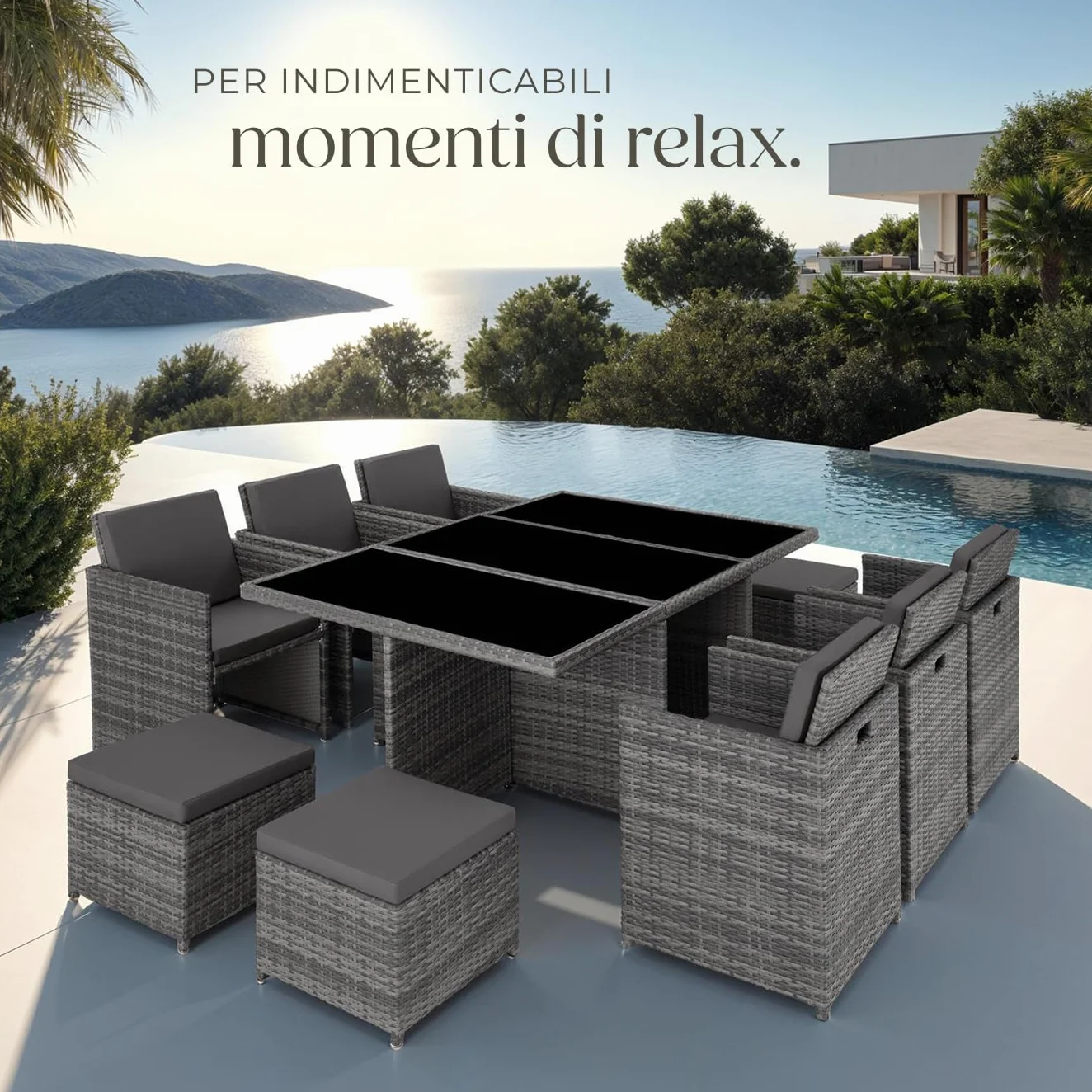 Set di Mobili da Giardino Poli Rattan Alluminio 6 Sedie 1 Tavolo 4 Sgabelli Grigio