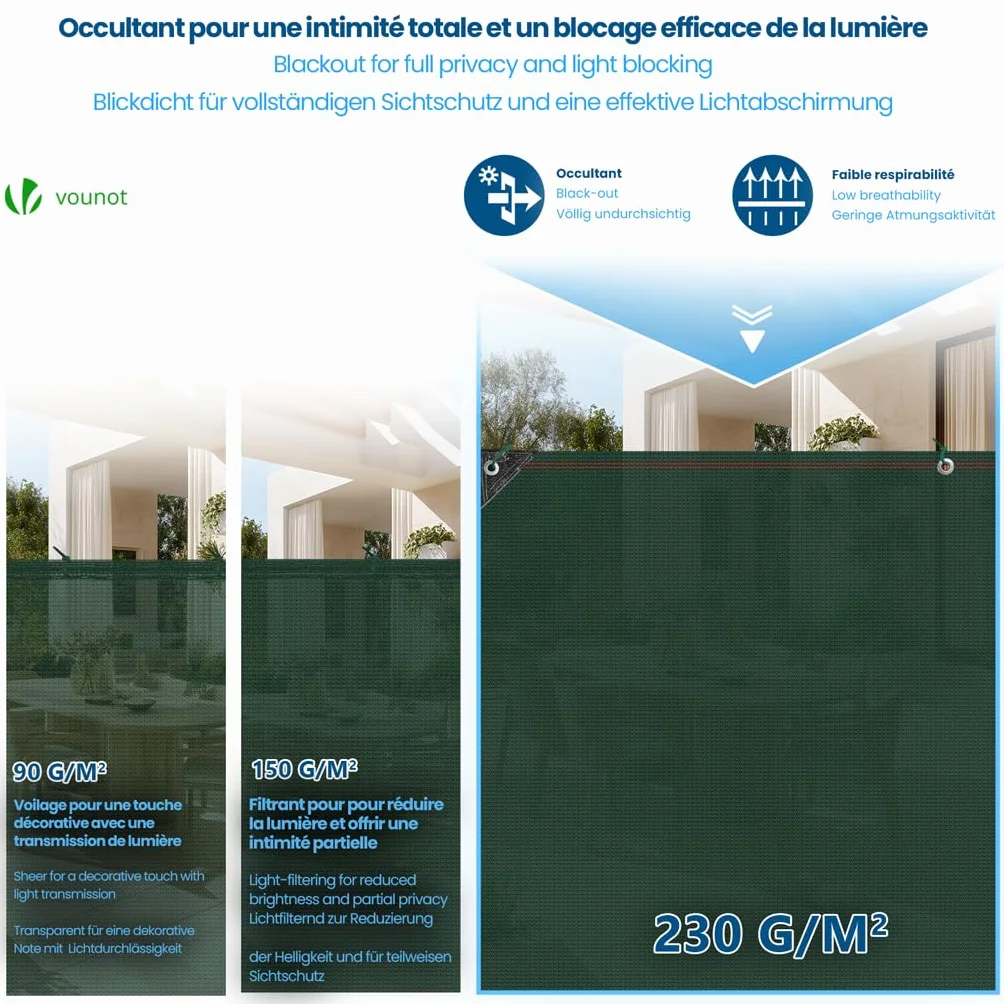 VOUNOT® Rete Ombreggiante 1.5×10m Telo Frangivista Giardino 230 g/m² HDPE Antistrappo Antivento con Fascette