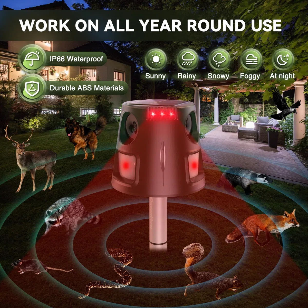 Repellente per Gatti Ultrasuoni Solare, Dissuasore per Gatti da Giardino Impermeabile, 5 Modalità Regolabili, Caricamento Solare, 360° Efficace per Gatti, Cani, Uccelli, Topi