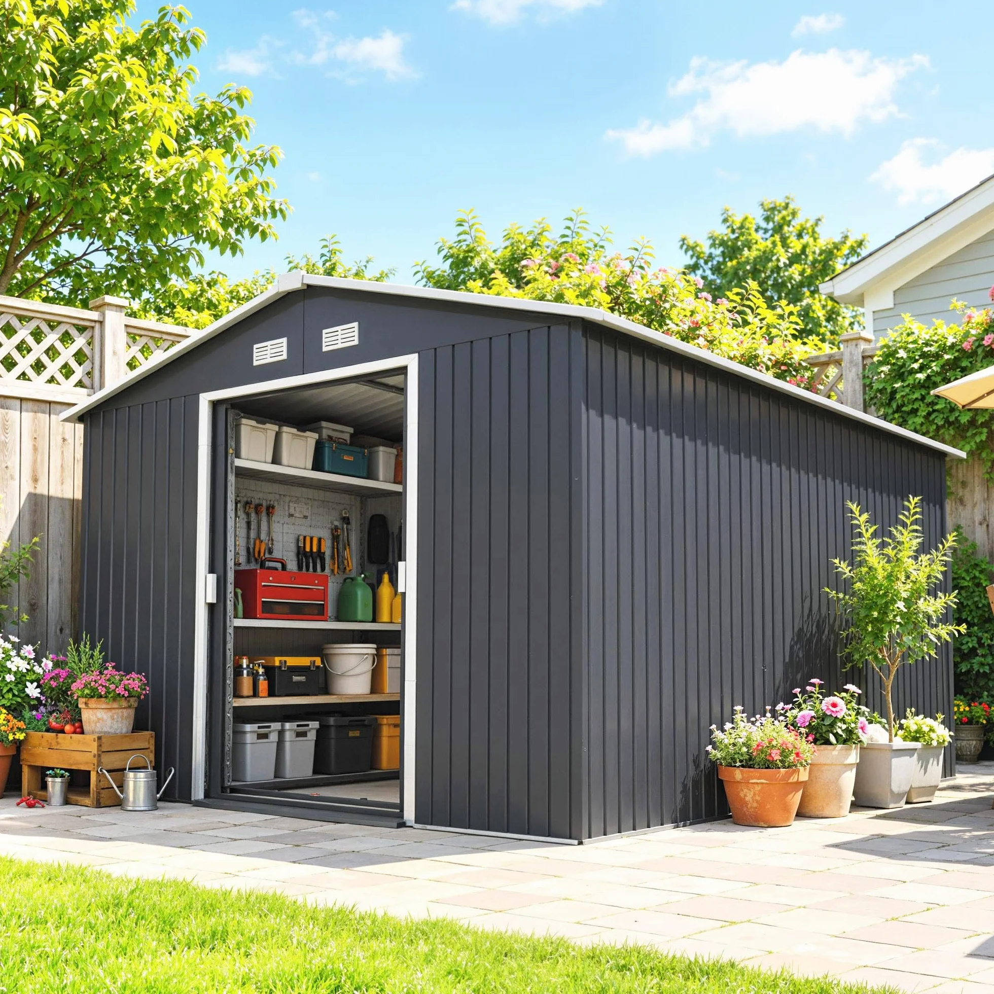 Outsunny Casetta da Giardino in Lamiera d'Acciaio 8.3 m² con 2 Porte Scorrevoli 277x322x192 cm Grigio Scuro