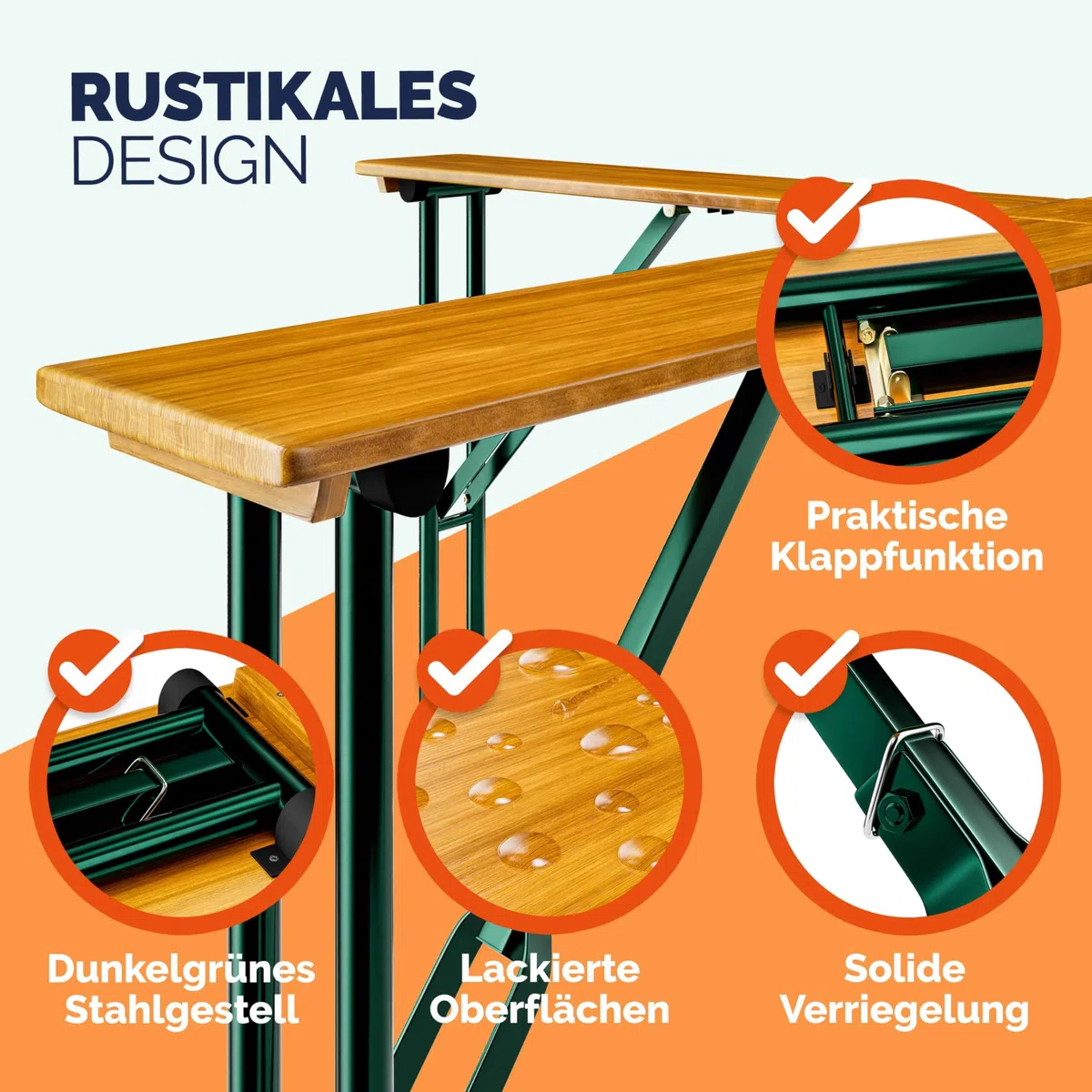 Deuba Tavolo Quattro XXL Alto Set Birreria 20 Persone con Supporto Ombrellone Pieghevole Legno Fiere