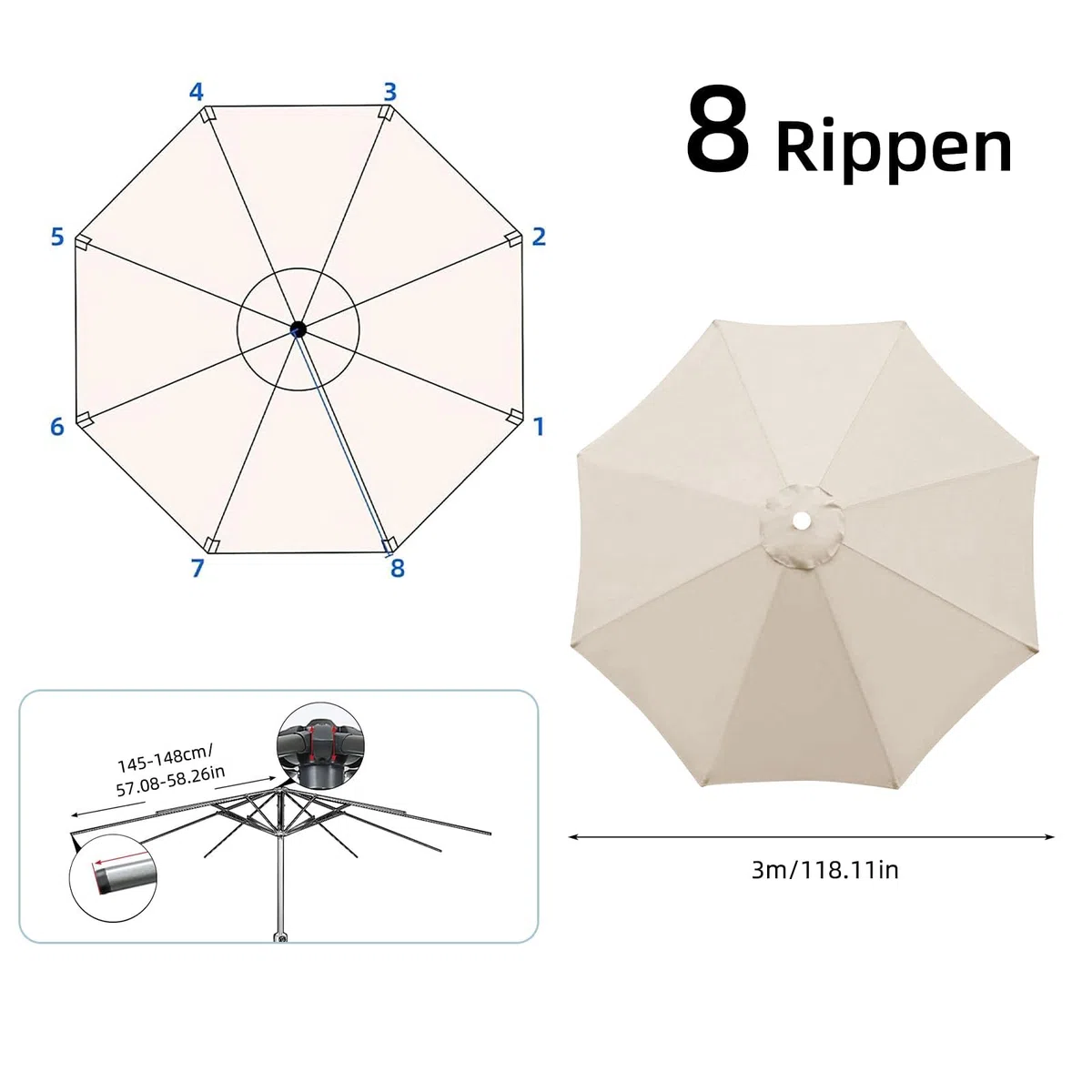 MENAYODA Copertura di ricambio per ombrellone da terrazzo, impermeabile, 3 m, durevole, per ombrellone da giardino